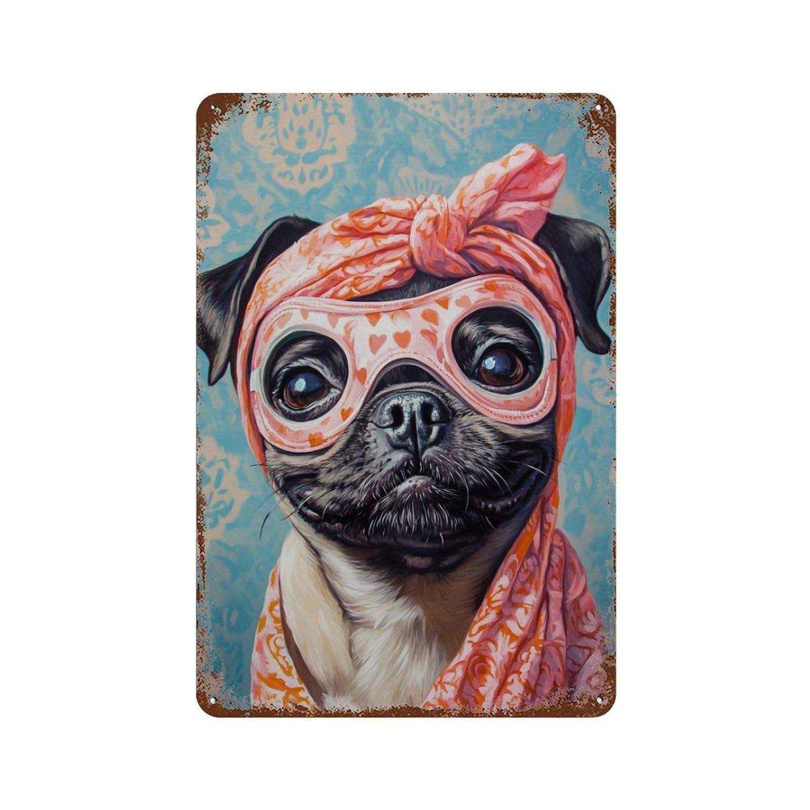 Pug with Heart Glasses Rust Effect Tin Sign 11.8"x7.9", Industrial Home Decor for Cafe, Home Bar And Lounge Decor