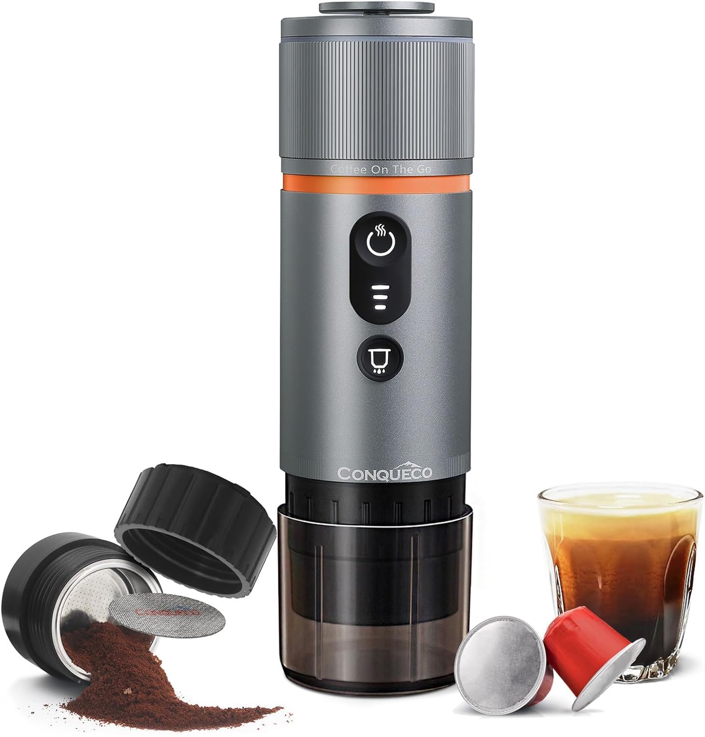 CONQUECO Máquina de café expreso portátil – Cafetera eléctrica de viaje con batería – para 12 V coche y camión y camping – Compatible con la cápsula Nespresso y la cápsula L'or