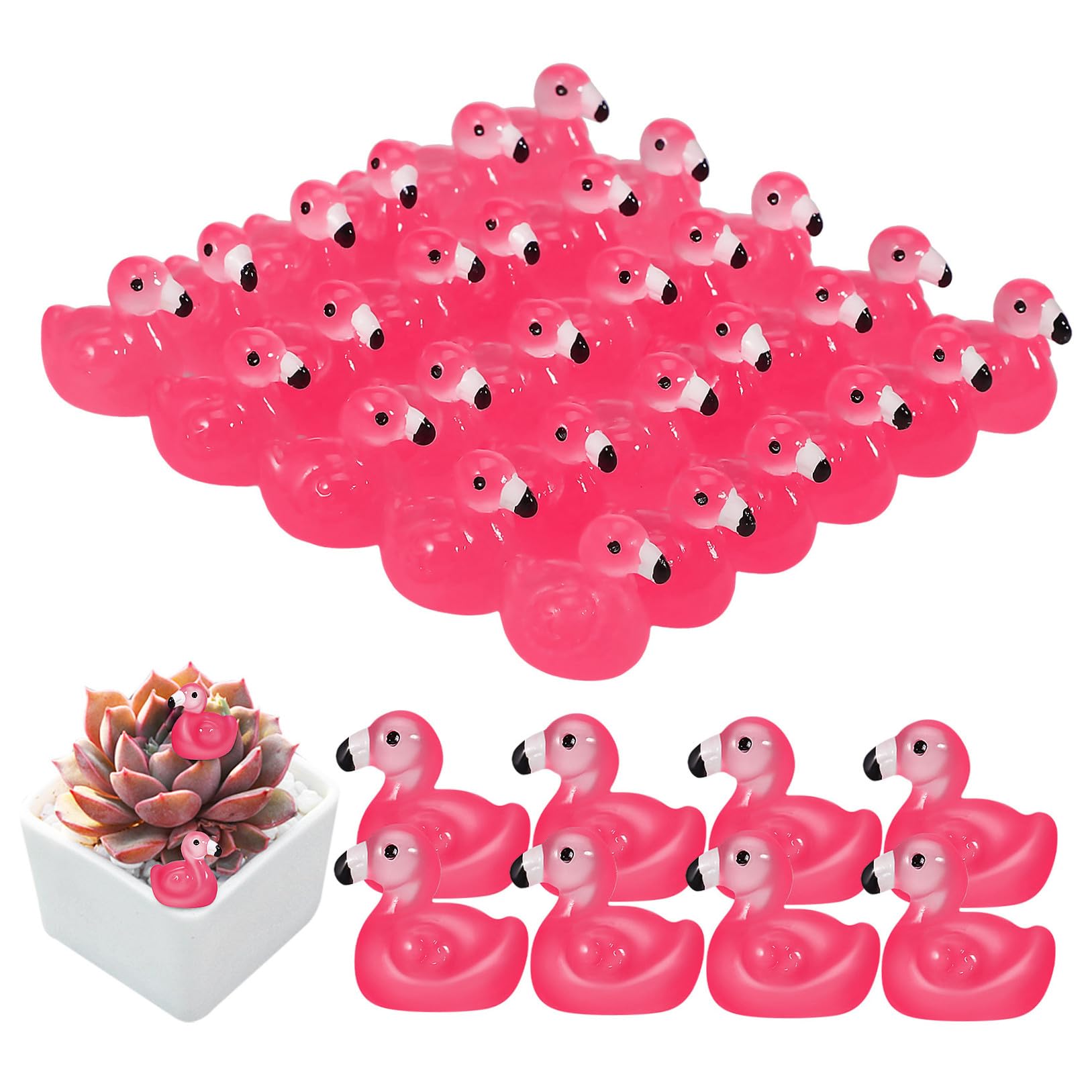 Figurines flamants roses phosphorescentes contre les extérieurs ternes