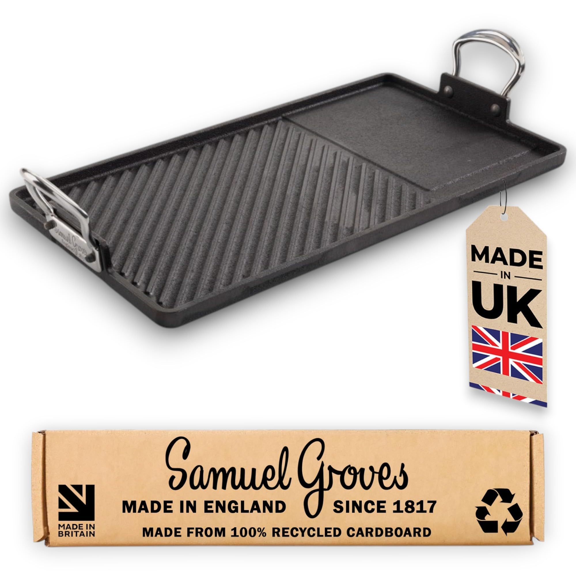 Samuel Groves Black Cast Iron Double Burner Griddle 45Cm X 25Cm Britannia Recycled Cast Iron Frying Pan Skillet Cookware Range Uk Made