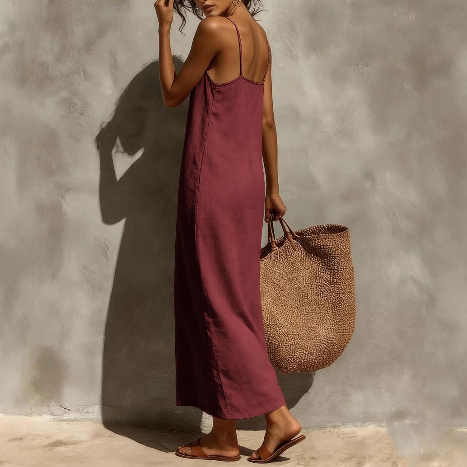 Cotton Linen Sundress for Women Summer Sleeveless Casual Loose Maxi Dress Lightweight Beach Vacation Cami Dresses