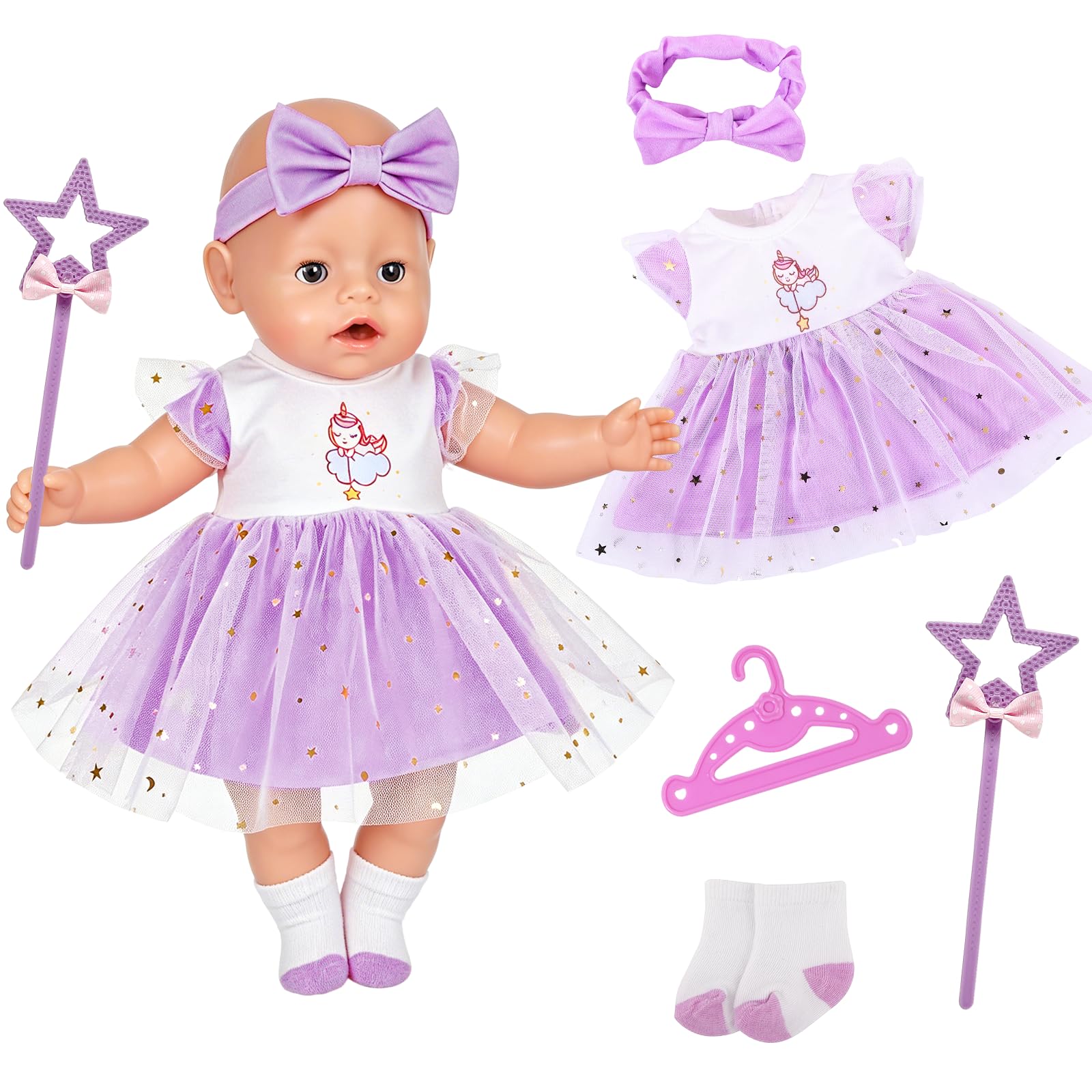 Purple Newborn Baby Doll Clothes for 14-18 Inch Doll, 5 Pcs Pony Tutu Skirt Baby Doll Outfits with Dress Fairy Wands Headbands Socks Clothes Hangers for 30-45cm Doll Clothes Accessories Gift Kids
