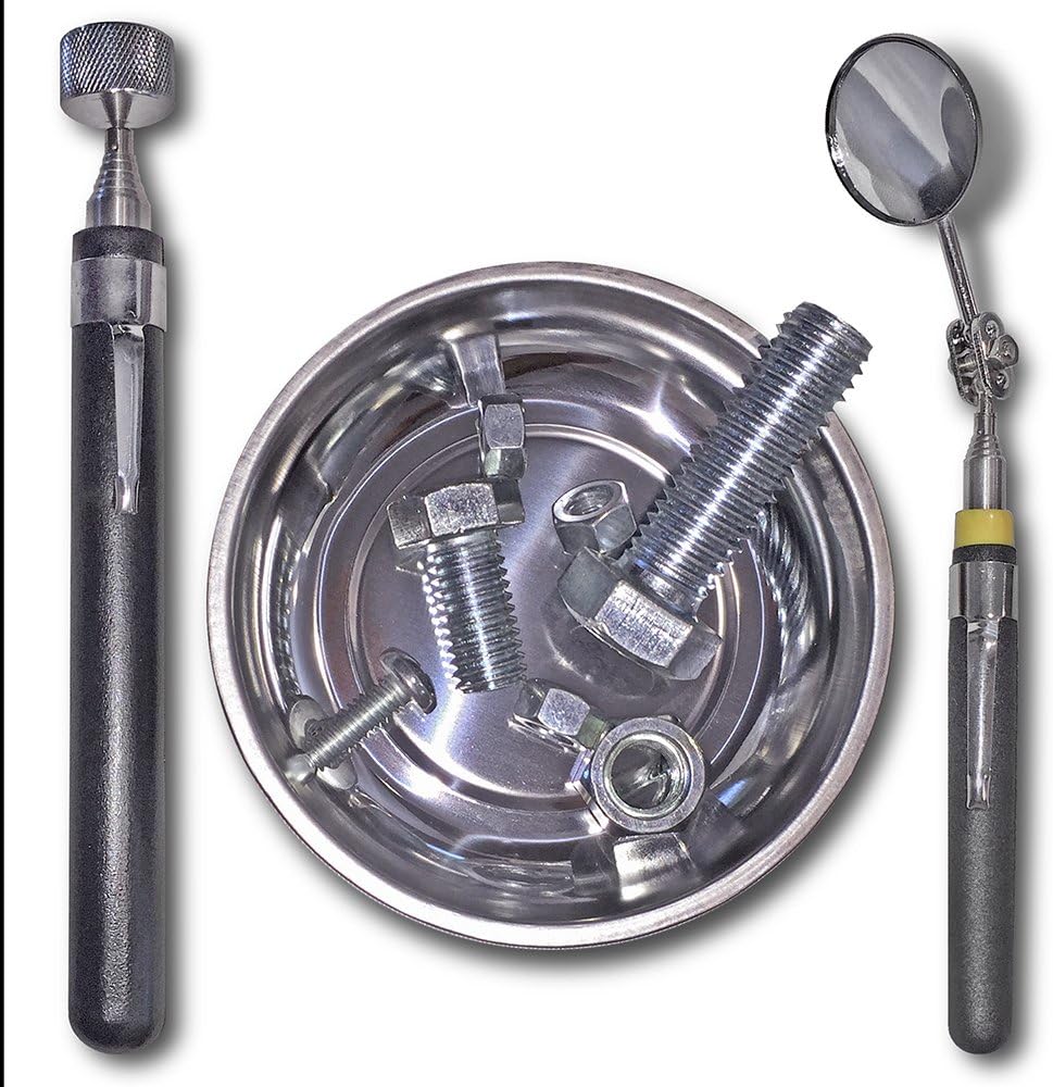 OCM Stainless Telescoping Magnetic Pick up Tool and Telescoping Round Glass Pocket Inspection Mirror with Swivel Head includes 4 1/4 Inch Stainless Magnetic Parts Tray, 3 piece Utility Tool Set