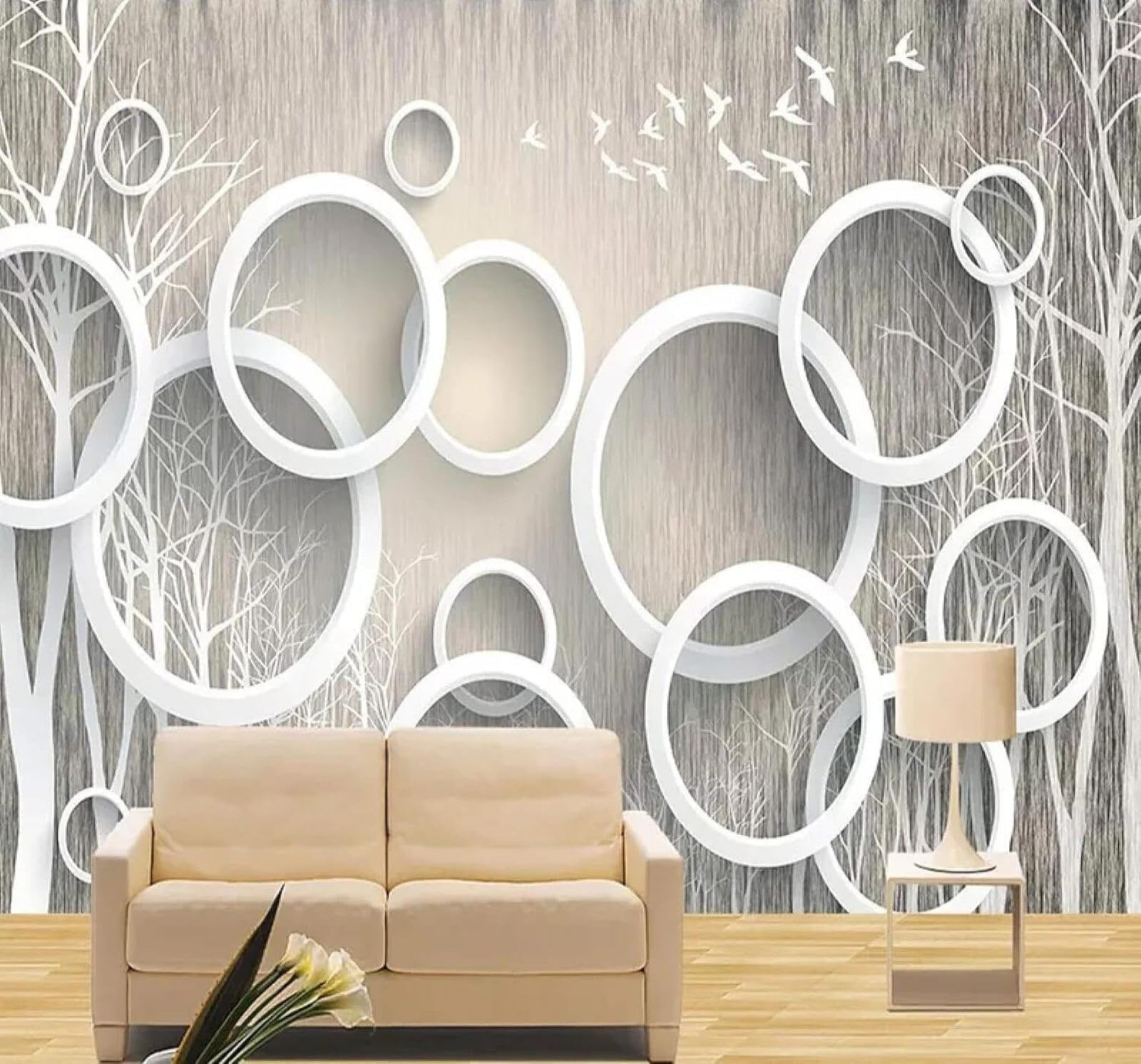 XLMING Abstract Forest Birds Circles Art 3D Wallpaper Luxury Silk Study Dining Feature Sofa Grey Bedroom Living Room Tv Decorative Wall-200cm×140cm