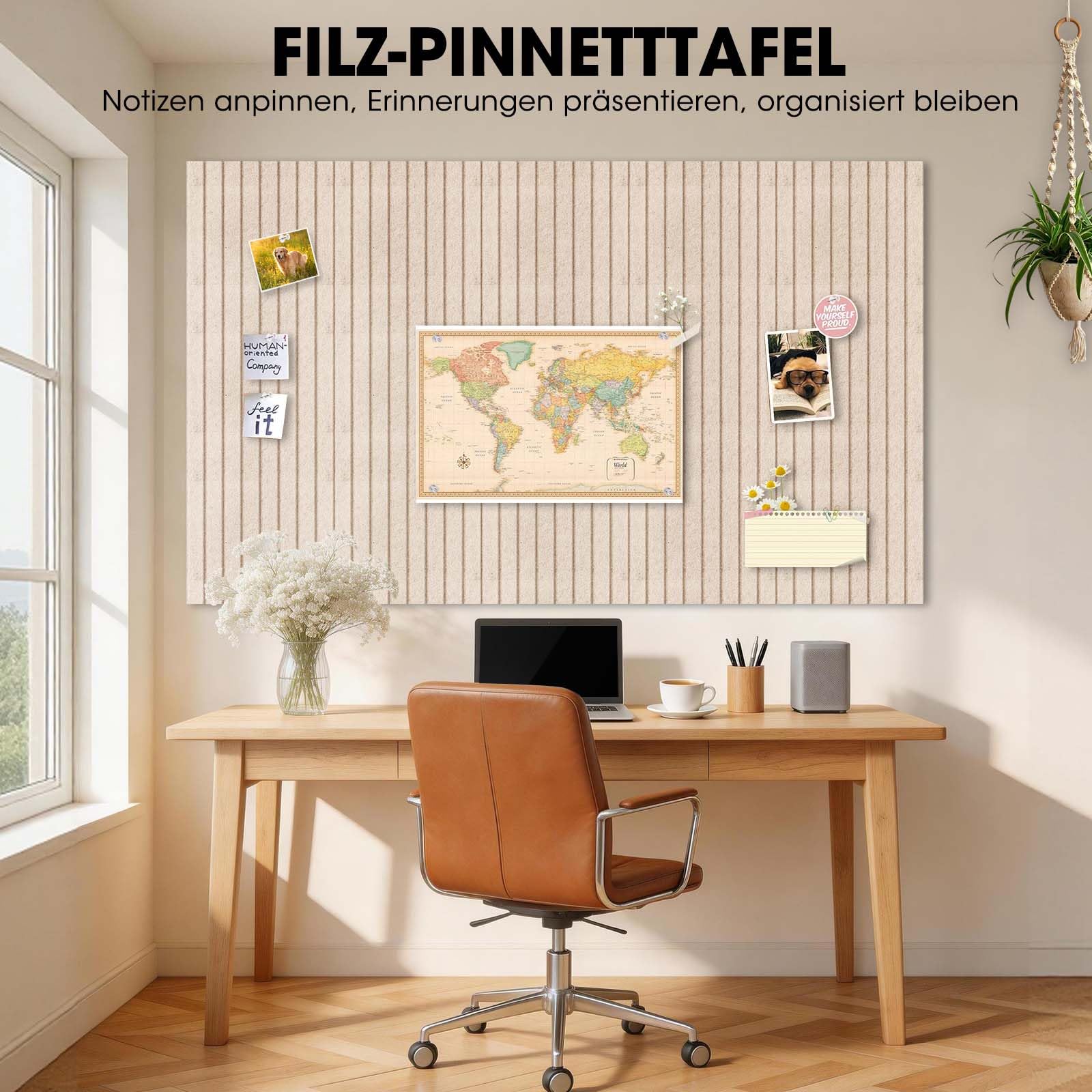 150 x 90 cm Große Filz Pinnwand, 15er Pack Pinnwand Kork Selbstklebend mit 75 Pinnadeln, Fotowand Pinnwand modern Memoboard, 0,9cm Dick korkplatte für Büro Schulen Kinderzimmer, Helles Kamel