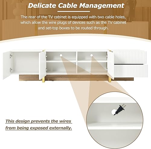 Miniatura 41 de Merax Moderno soporte de TV con patas de metal, asas doradas, líneas geométricas y estantes ajustables para televisores de hasta 80 pulgadas, mesa