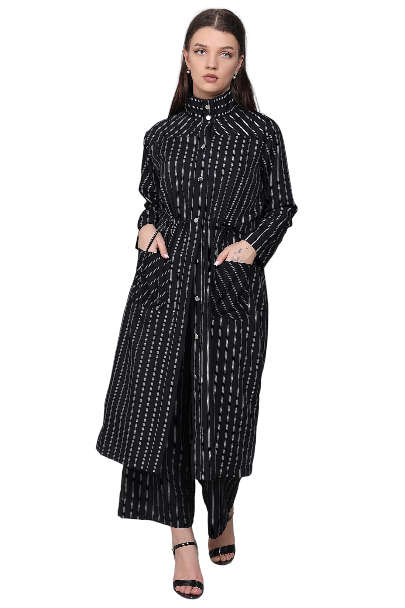 baawri Women's Black Stripe Cape and Black Stripe Pant Co-rd Set-picture-39