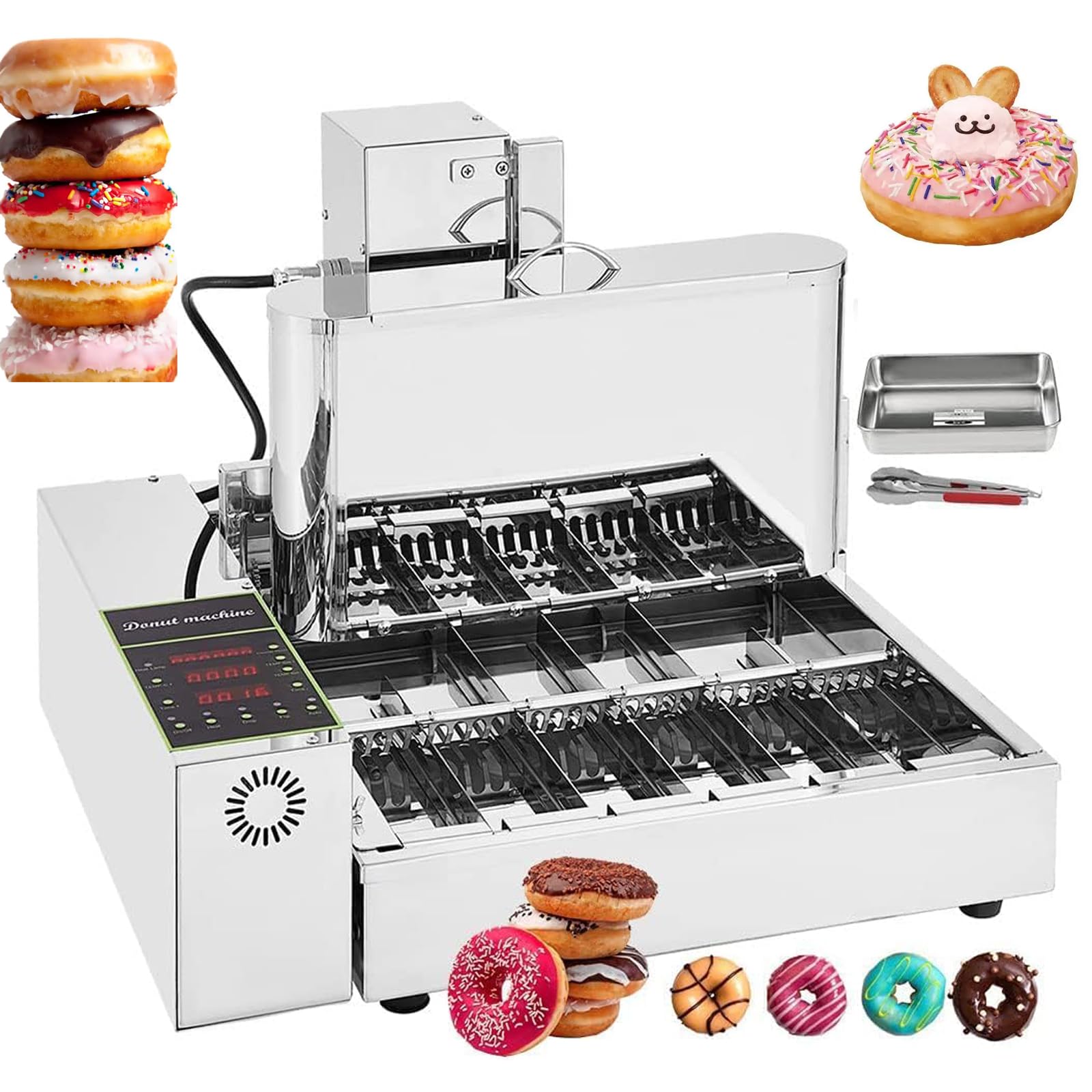 Máquina para hacer donas, equipo comercial de 2000 W, freidora automática de acero inoxidable, fabricante de donas de alta potencia, 360 piezas/hora para comida callejera y aperitivos
