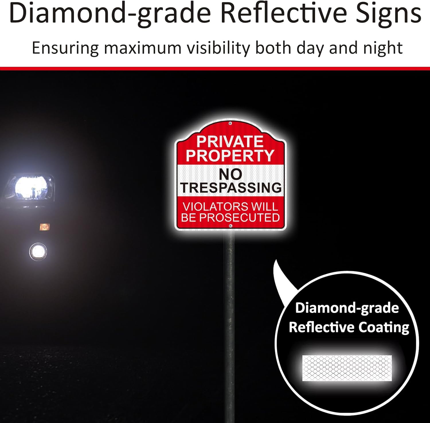 (4 Pack) Reflective Metal Private Property No Trespassing Signs, 12" x 12" Heavy-duty Aluminum Private Property Signs Outdoor, Keep Out Violators Will Be Prosecuted, Weather-resistant