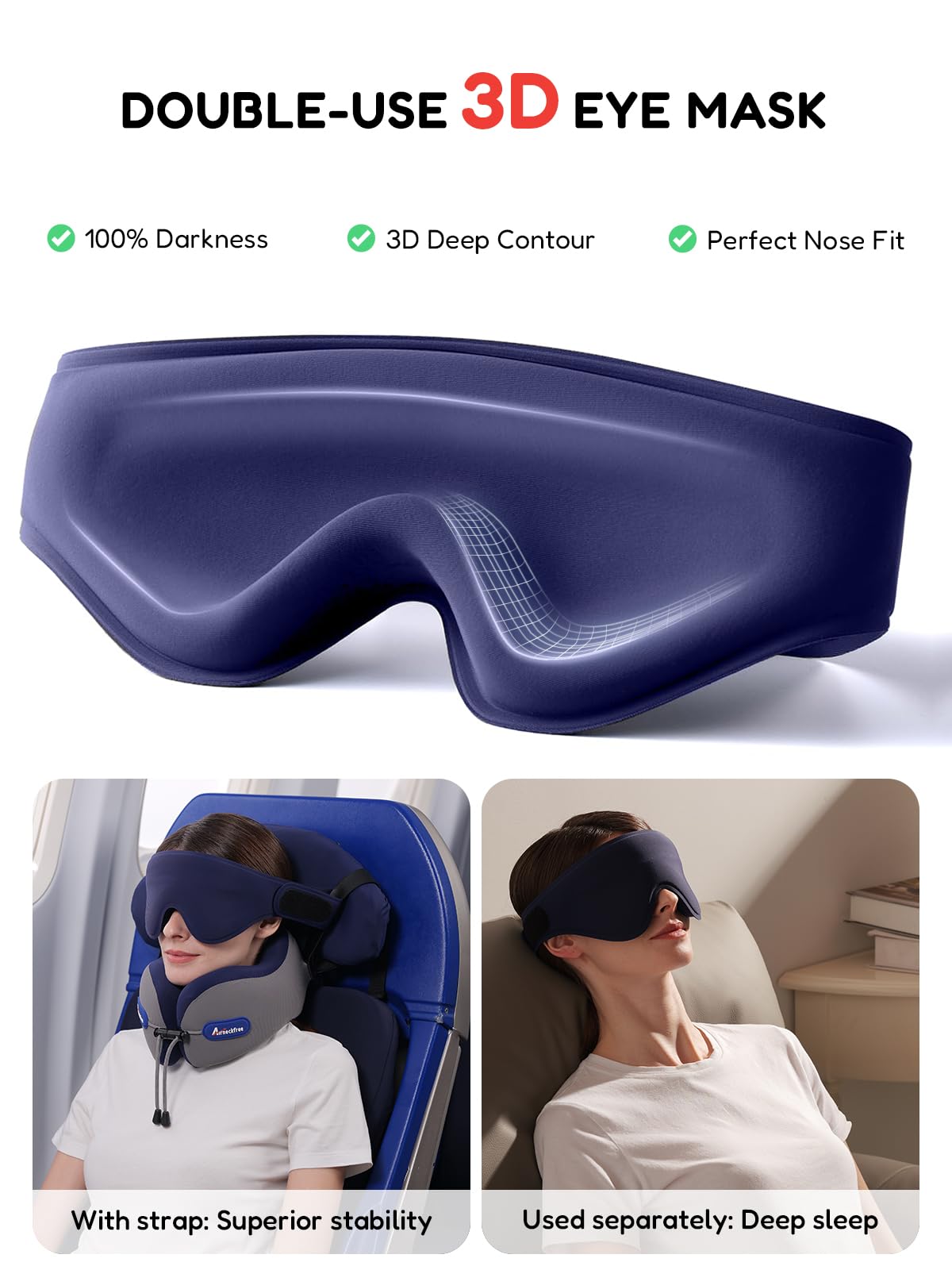 Cuscino da Viaggio per Aereo con Maschera 3D Travel Pillow | Con Cinturino per Sedile, Supporto per Testa e Collo, Schiuma Memory Confortevole per Aereo, Auto e Treno, Grigio