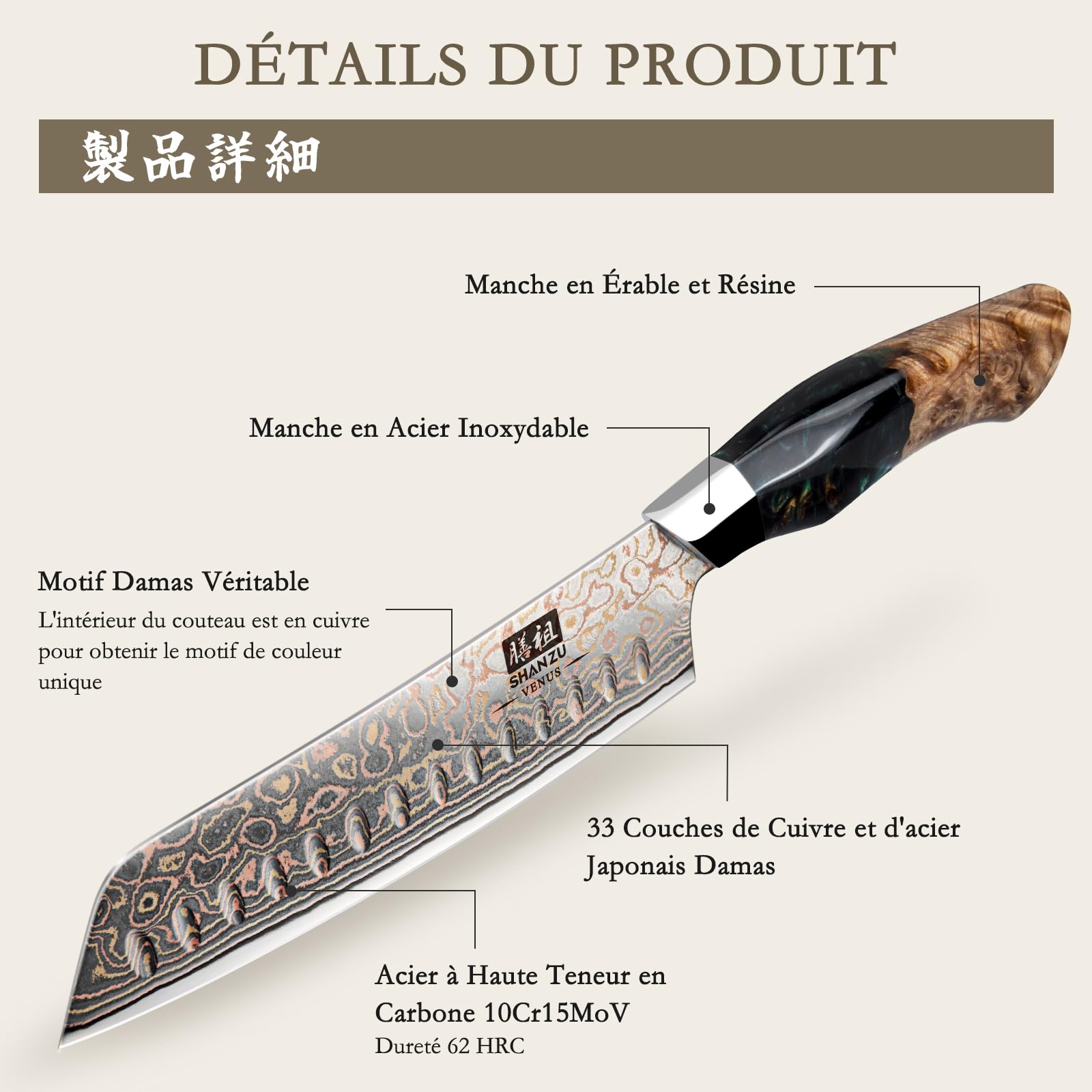 SHAN ZU Couteaux Santoku Damas 18cm, Couteau de Cuisine en Cuivre et Acier Damas 33 Couches, Couteau Japonais Santoku Professionnel Forgé à la Main avec Manche en Bois d'érable - VENUS Series