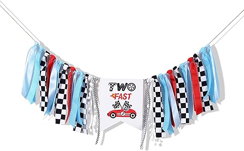 YESSWL Cartel para silla alta de cumpleaños de dos veloz 2 decoraciones de cumpleaños rápido, bandera roja retro de carreras a cuadros, dos