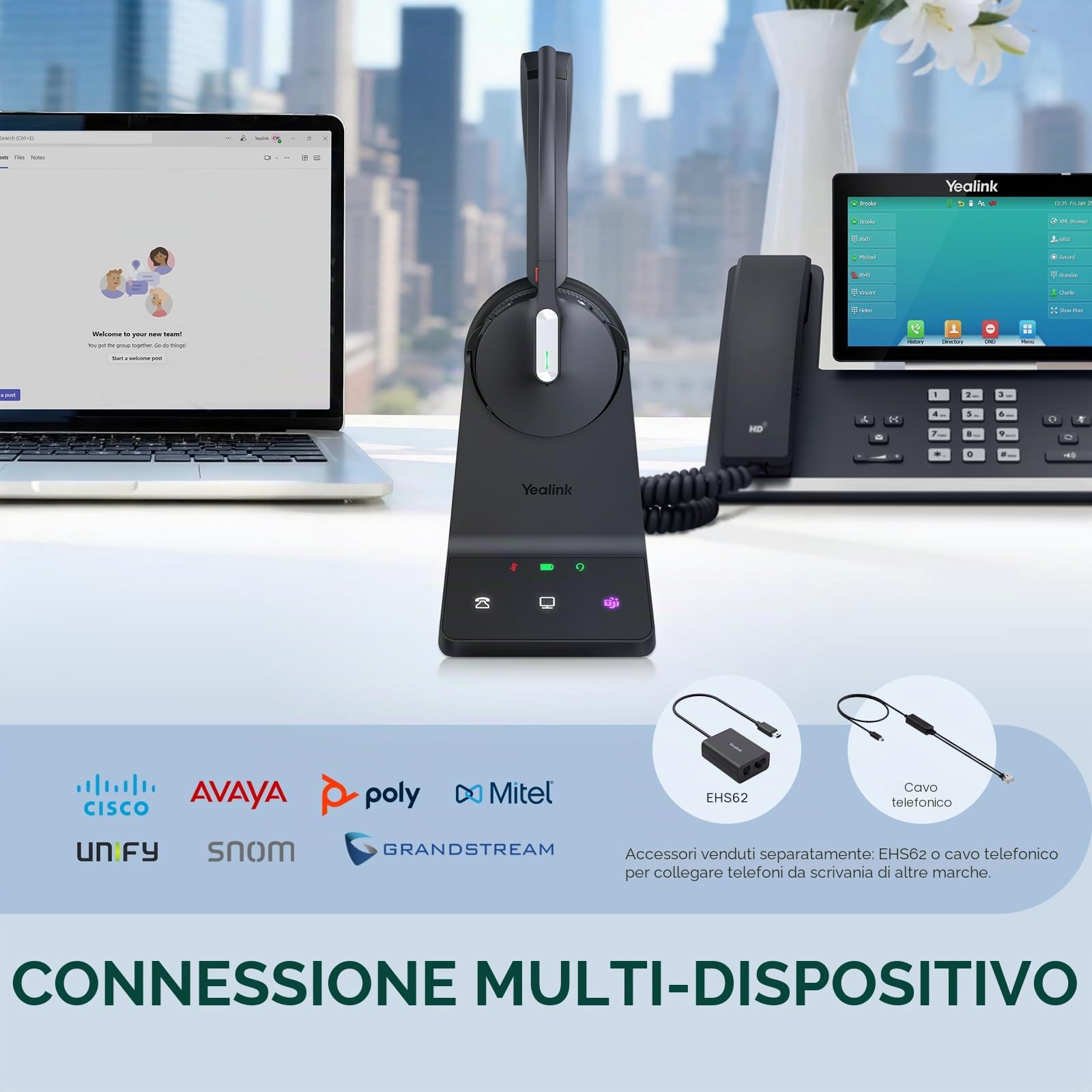 Yealink Cuffie wireless DECT & Bluetooth WH64 Mono, portata 185 m, 3 microfoni, cancellazione del rumore, batteria 26H, per telefono da ufficio, VoIP, rete fissa, PC, laptop, squadre, zoom