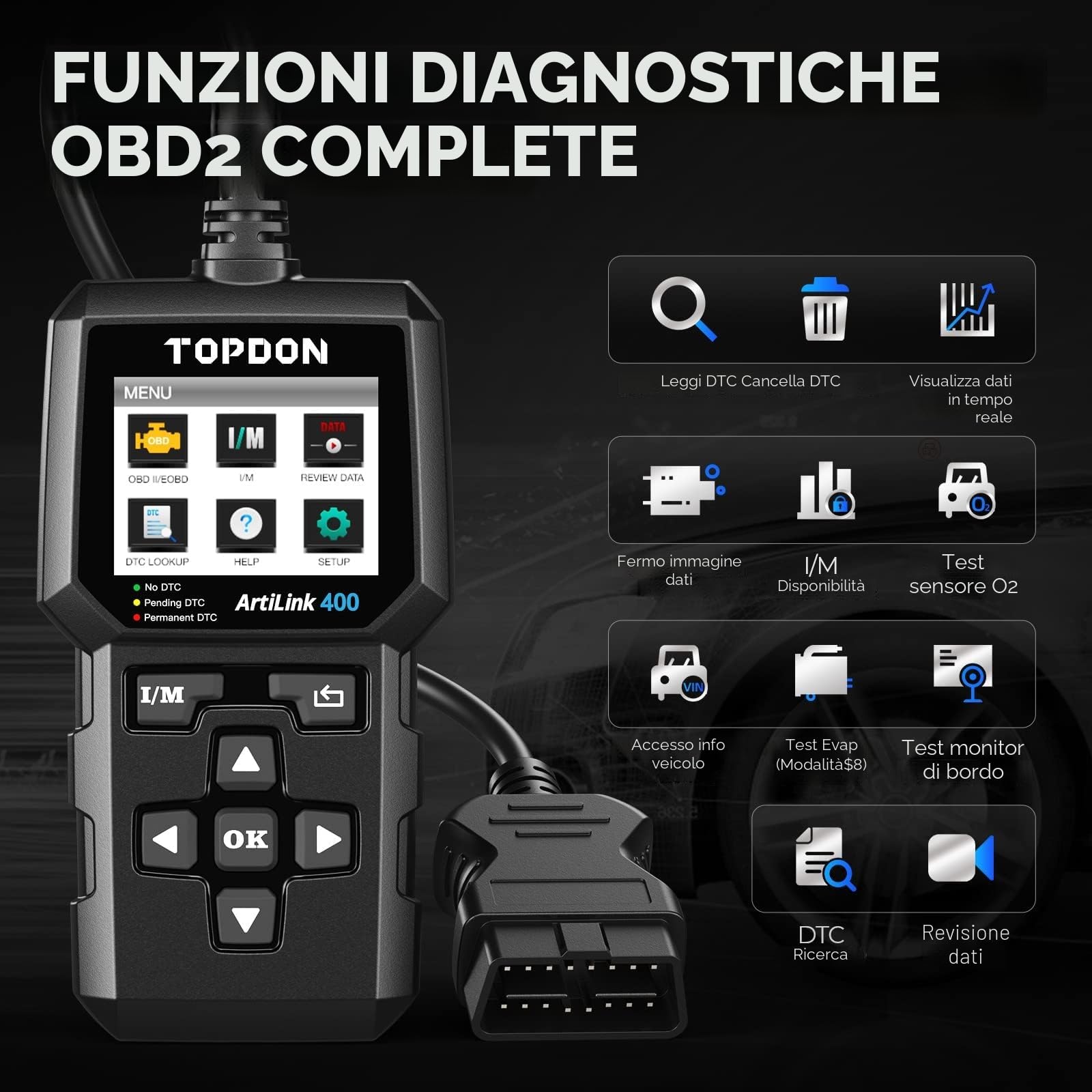 TOPDON Lettore di codici OBD2 AL400, 10 funzioni OBD2, spia del motore del controllo, test delle emissioni, test del sensore O2, EVAP, aggiornamento gratuito a vita