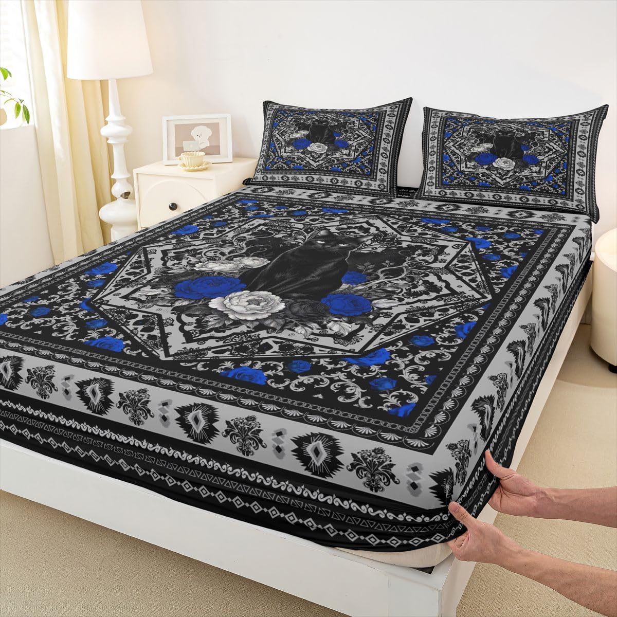 Erosebridal Black Cats Bed Sheets Set Boho Floral Black Damask Queen Sheet Set for Toddler Boys | Blue Rose Bohemian Style Aztec Vintage Victorian Flat Sheet
