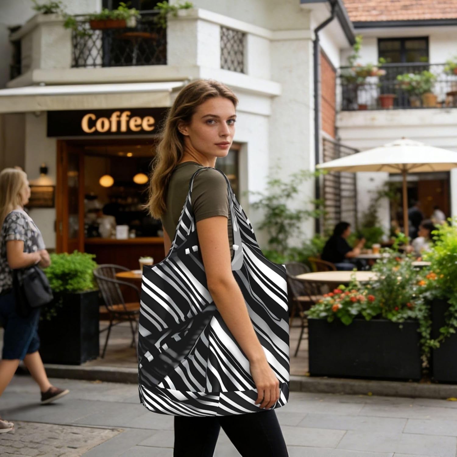 Reusable Shopping Bags Lightweight Foldable Grocery Bags In Pocket,Washable Large Tote Bags Black And White Checkered Stripes Travel Shoulder Bag Gifts For Women Men image 3