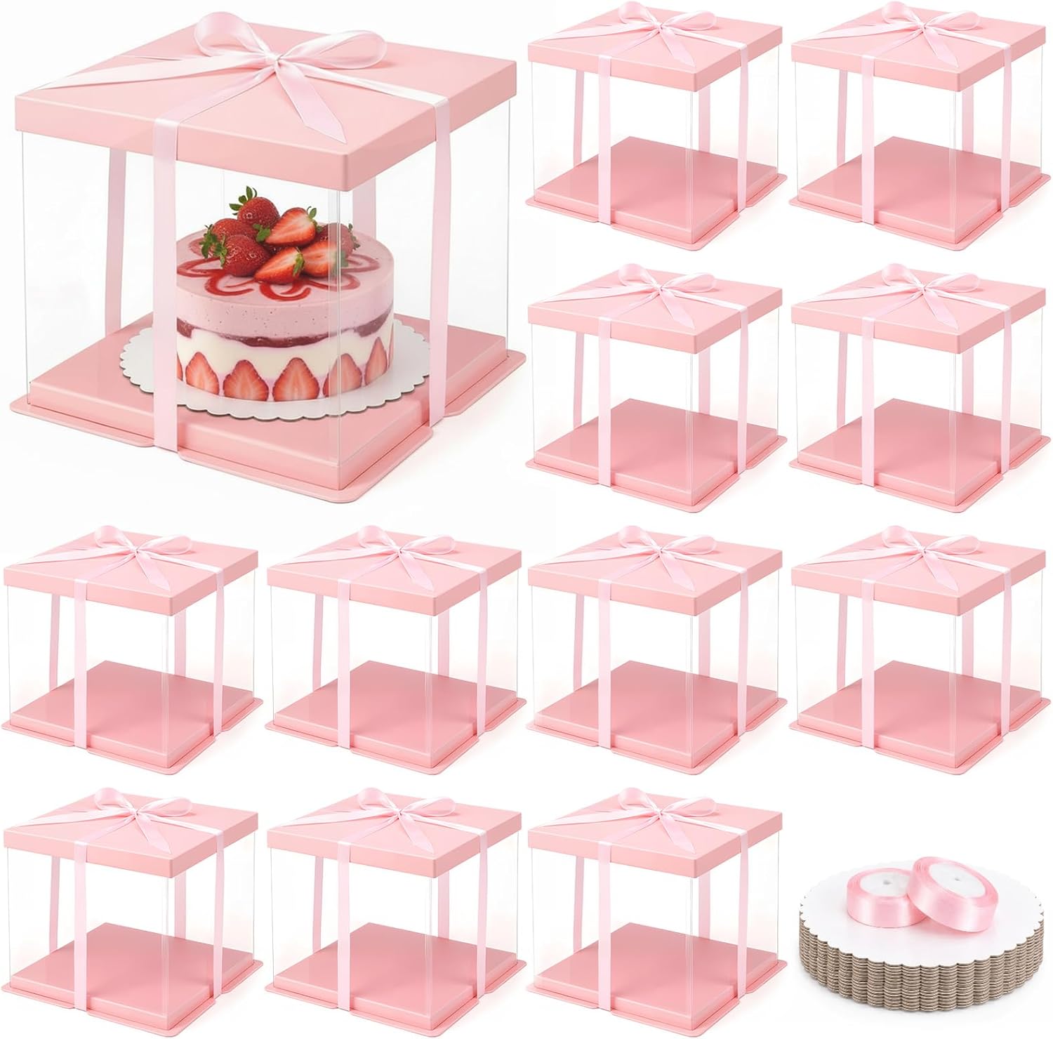 Sawysine 12 Pack Large 10" x 10" x 9.5" Clear Cake Box with Round Boards and Ribbon, Tall Transparent Cake Box Carrier, Baking Cookie Display, Clear Gift Boxes for Birthday Wedding Festival(Pink)
