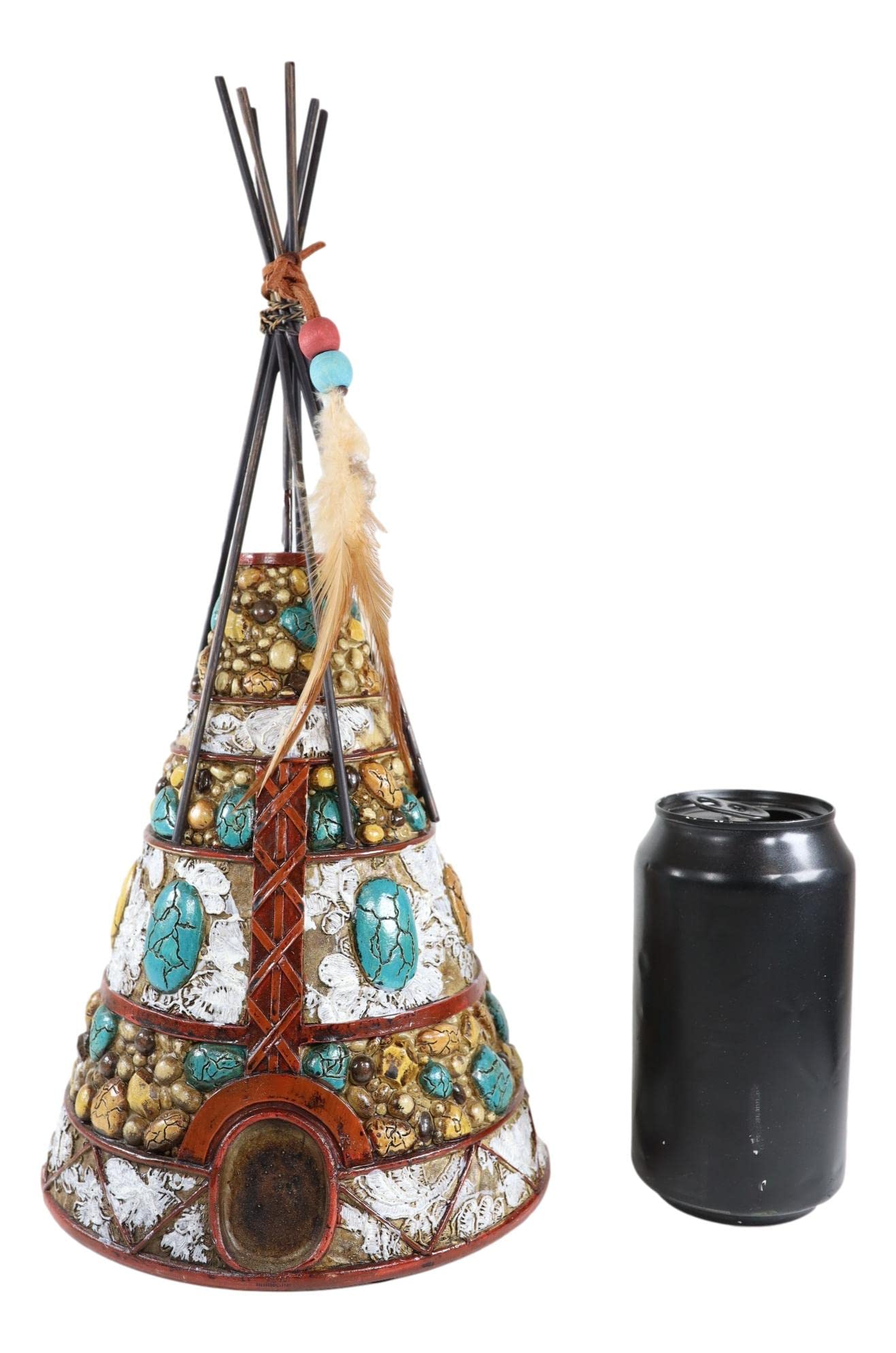 Ebros 34,3 cm große, rustikale indische Tipi-Hütte mit Traumfänger-Federn, Perlen und türkisfarbenen Steinen, Figur Wildtiere, Westerndekoration