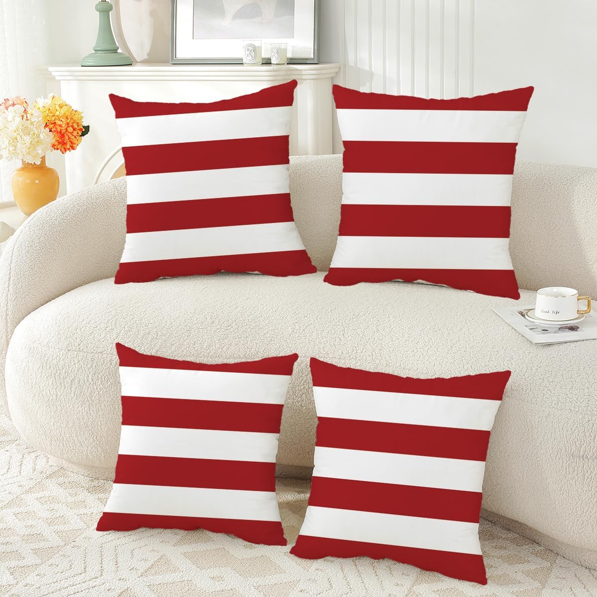 TAOSON Set of 4 Red & White Striped Outdoor Throw Pillow Covers 18x18 Inch - Waterproof Decorative Cushion Cases for Patio, Garden, Balcony & Couch