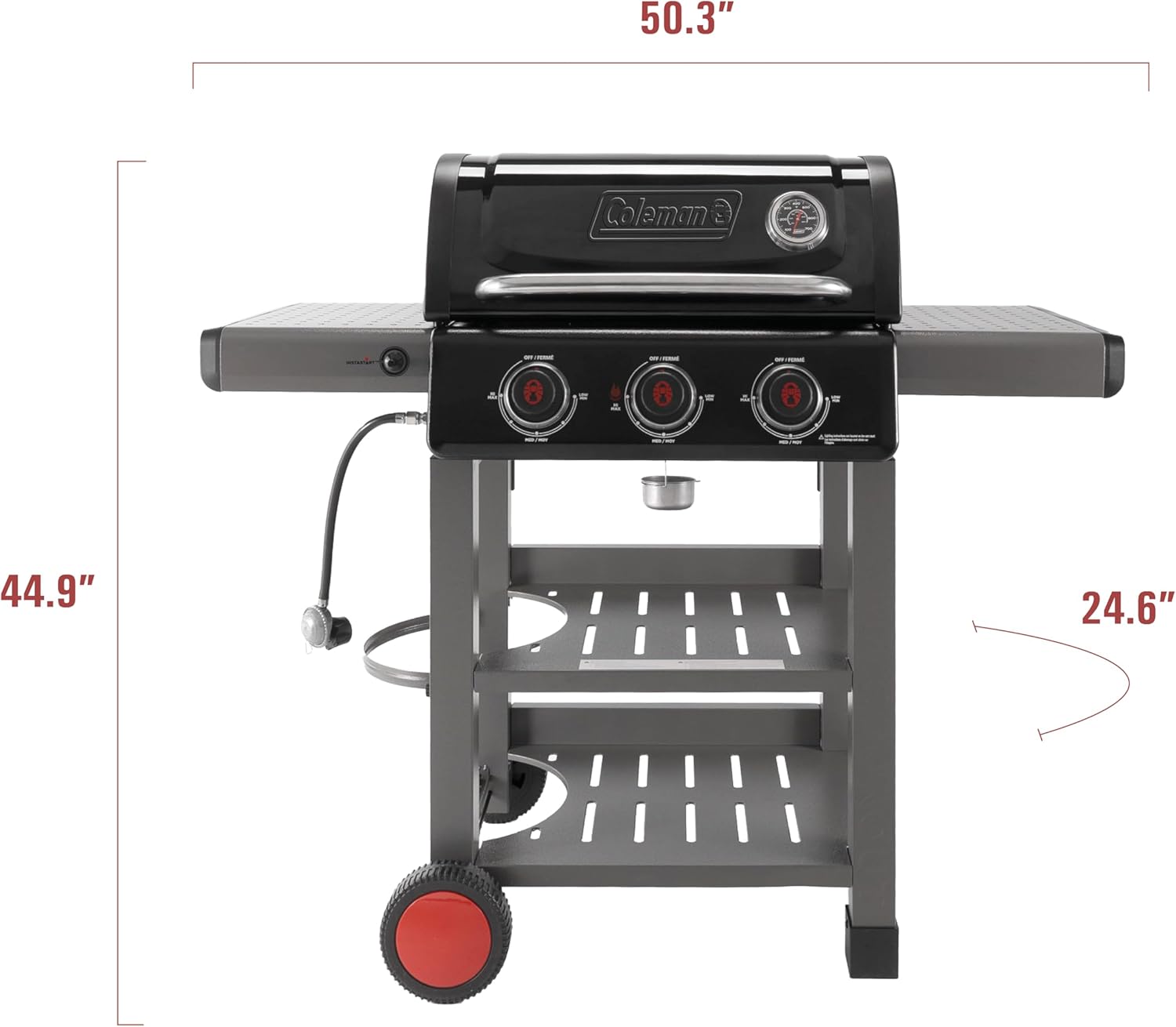 Diagram showing dimensions of Coleman Cookout 3-Burner Gas Grill