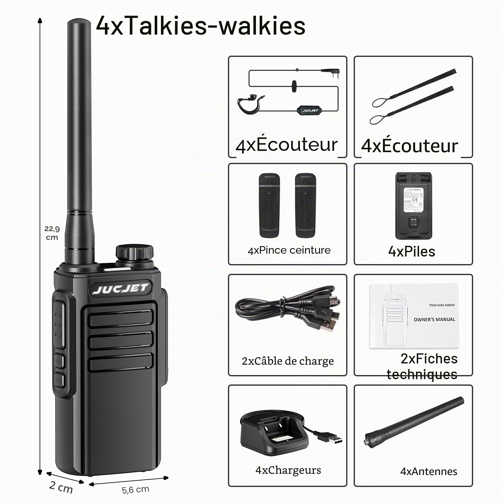 EP31 Talkie Walkie, PMR446 Radio Portable Rechargeable, 16 Canaux, Alarme Clignotante, IP54 Résistant à l'eauTalkie walkie. avec des écouteurs Originaux et Station de Charge USB (4 pièces)