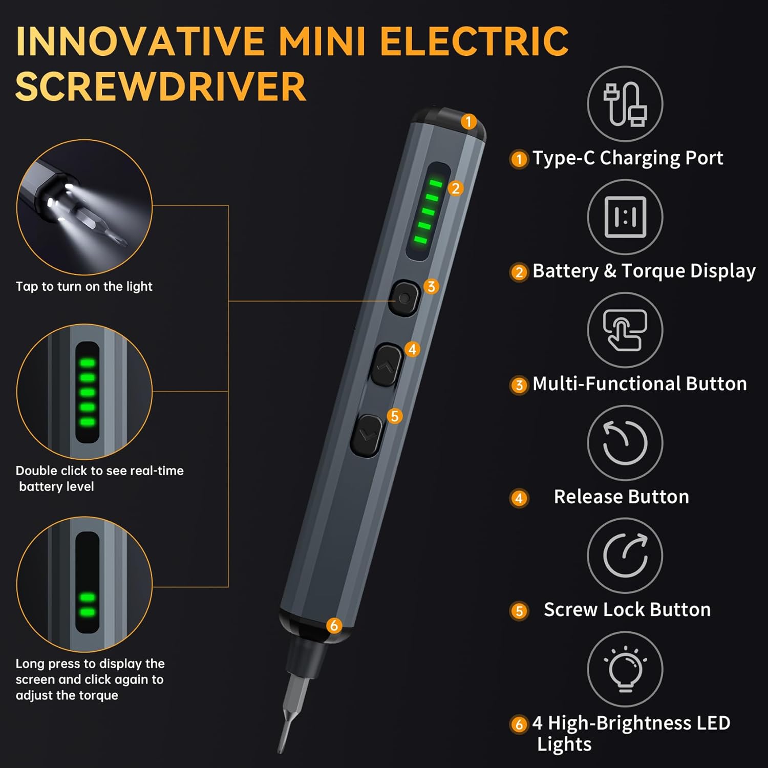 Mini Electric Screwdriver, 68-in-1 Precision Screwdriver Set - 64 S2 Preicison Bits, 5 Torque Levels, 4 LED Light, Organized Storage, Electronics Repair Tool Kit for Watch, Phone, Laptop, Camera, PC