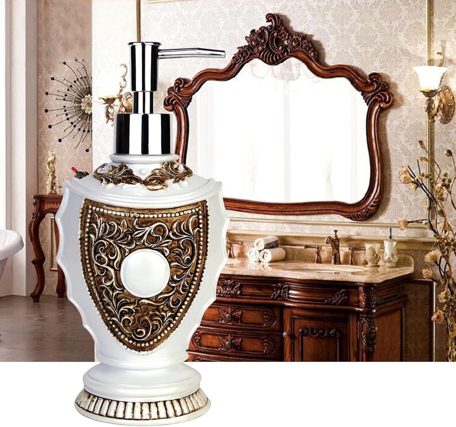 Vintage Soap Dispenser with Baroque Decor - Resin - White Painted Lotion Dispenser for Bathrooms, Kitchen Counters, Beauty Shops, Hotels (10 oz/300 ml, White) - Image 4