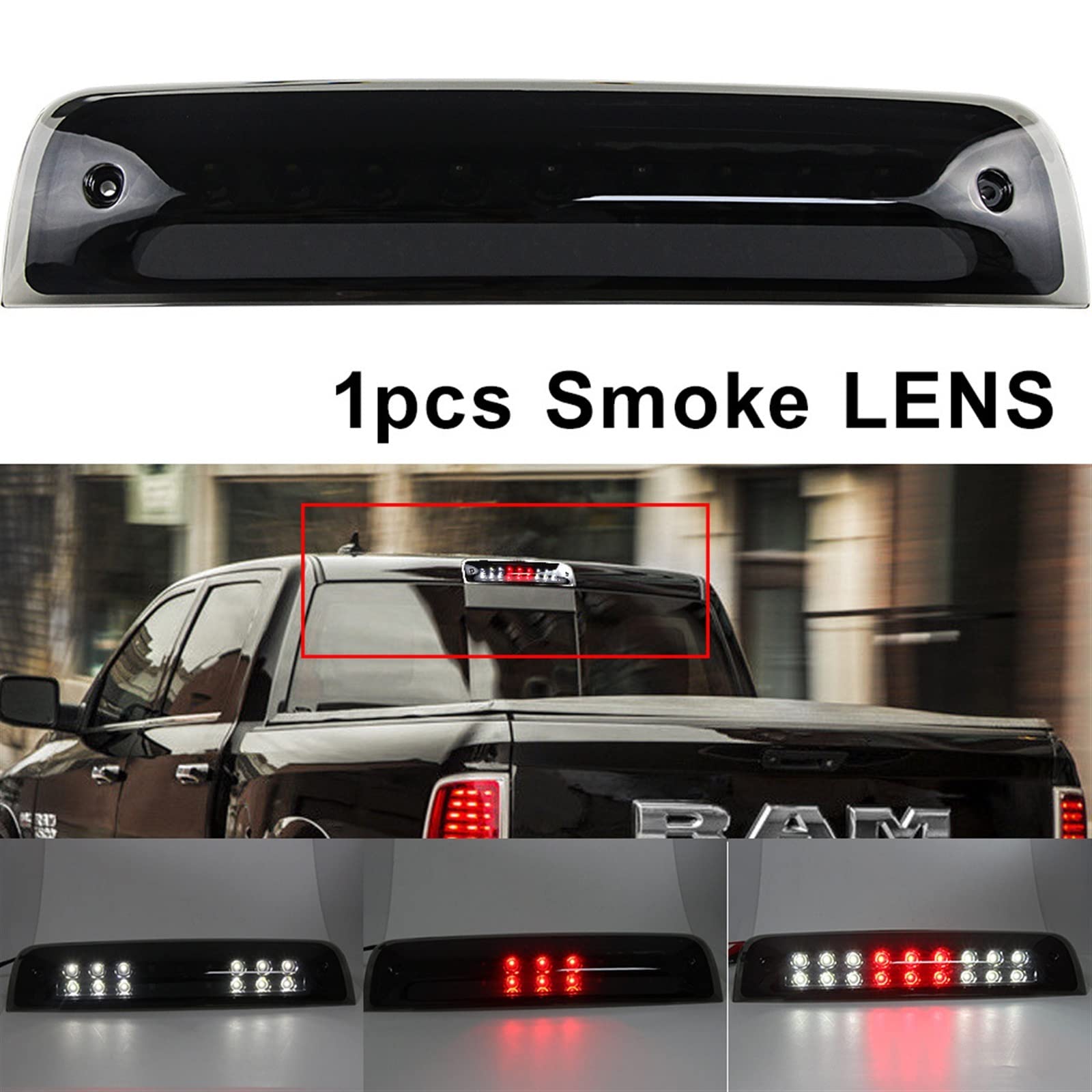 1pcs Car LIGHT RED Smoke Third Brake Cargo Light Fit For Dodge RAM 1500 2500 3500 2009-2018 OEM:55372082AB (Color : 1pcs LED Smoke Lens)