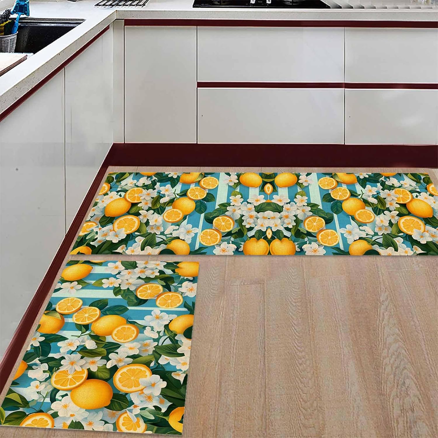 2 Pieces Kitchen Rugs and Mats,Summer Farm Yellow Lemon Blue Stripe Area Runner Rug Set Non Slip Floor Doormat Washable Carpet Standing Mat for Kitchen Sink Indoor Corridor,Flower Leaf Rustic Linen