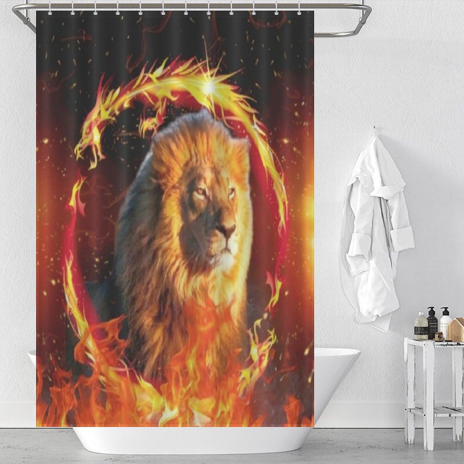 Rideau de douche textile imperméable lion avec 12 crochets