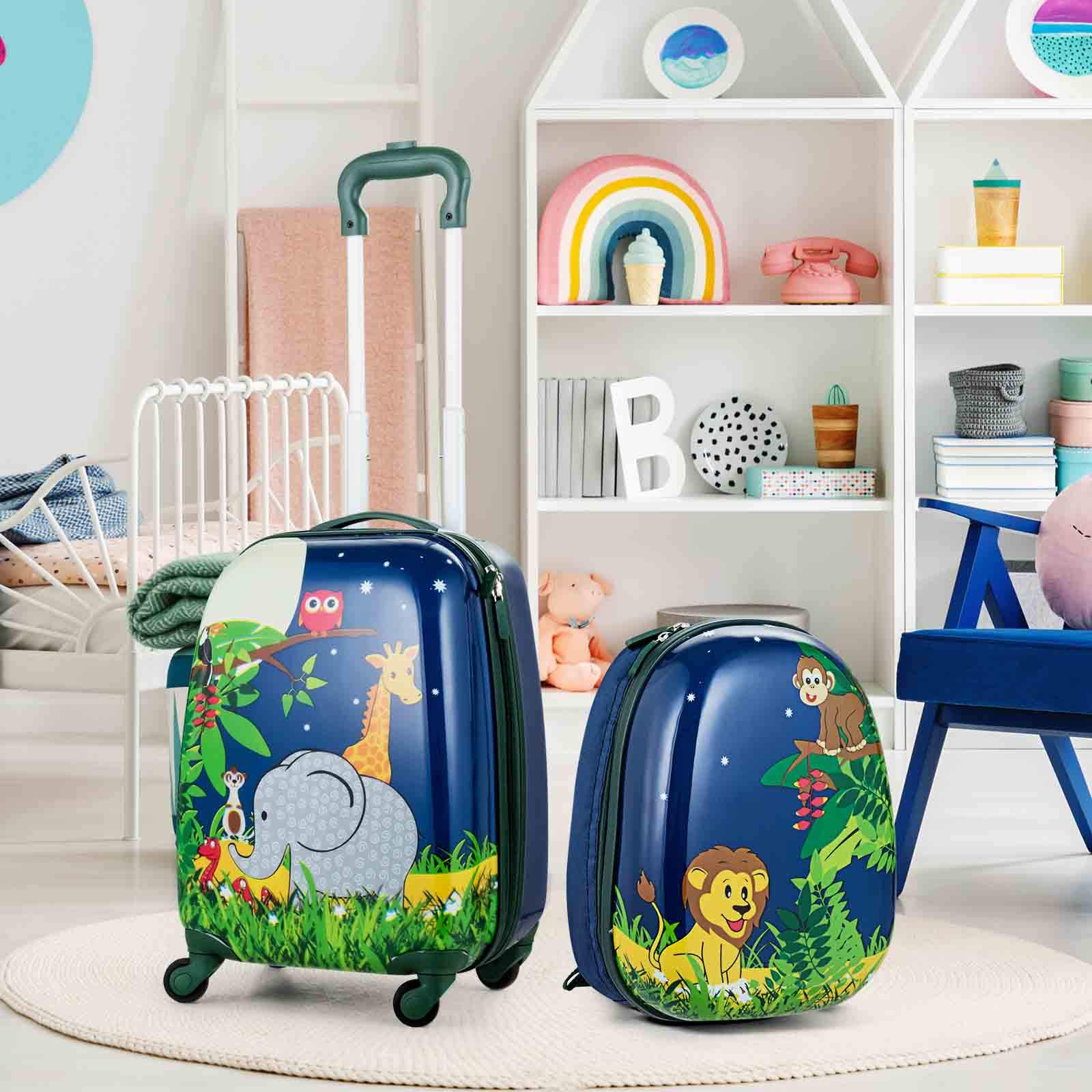 RELAX4LIFE Set Valigia Bambini 2 in 1 Animali Selvatici Blu Notte (Trolley16 + Zaino 12") con Ruote 360°, Maniglia Regolabile, Zaino con Piedini|ABS Resistente|Ideale per Viaggi e Scuola