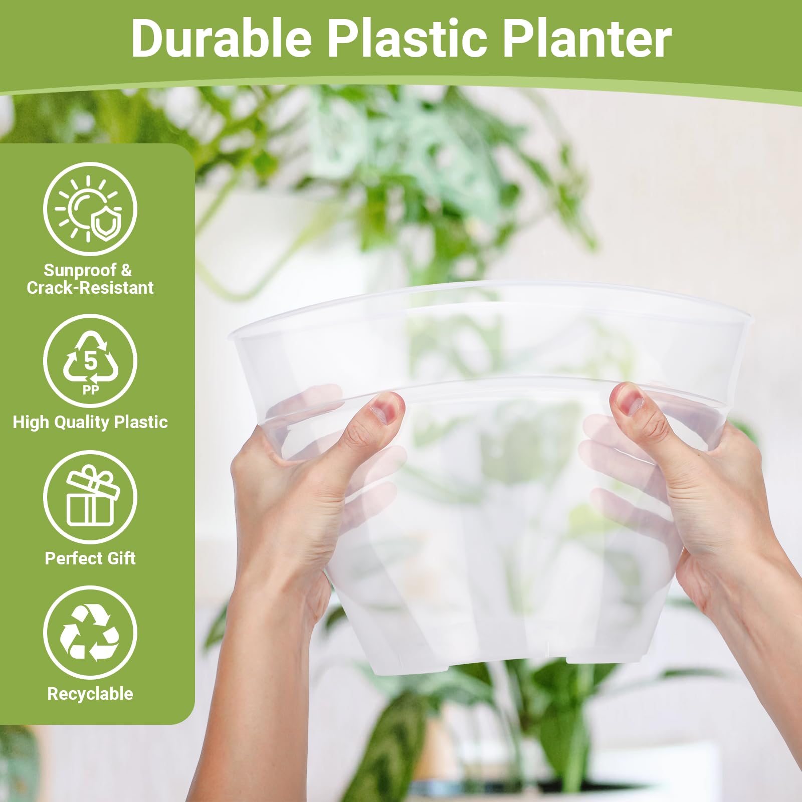 GREANER Lot de 10 grands pots transparents en plastique de 25,4 cm d'épaisseur avec trous de drainage, récipients décoratifs modernes pour intérieur et extérieur avec 10 étiquettes pour plantes