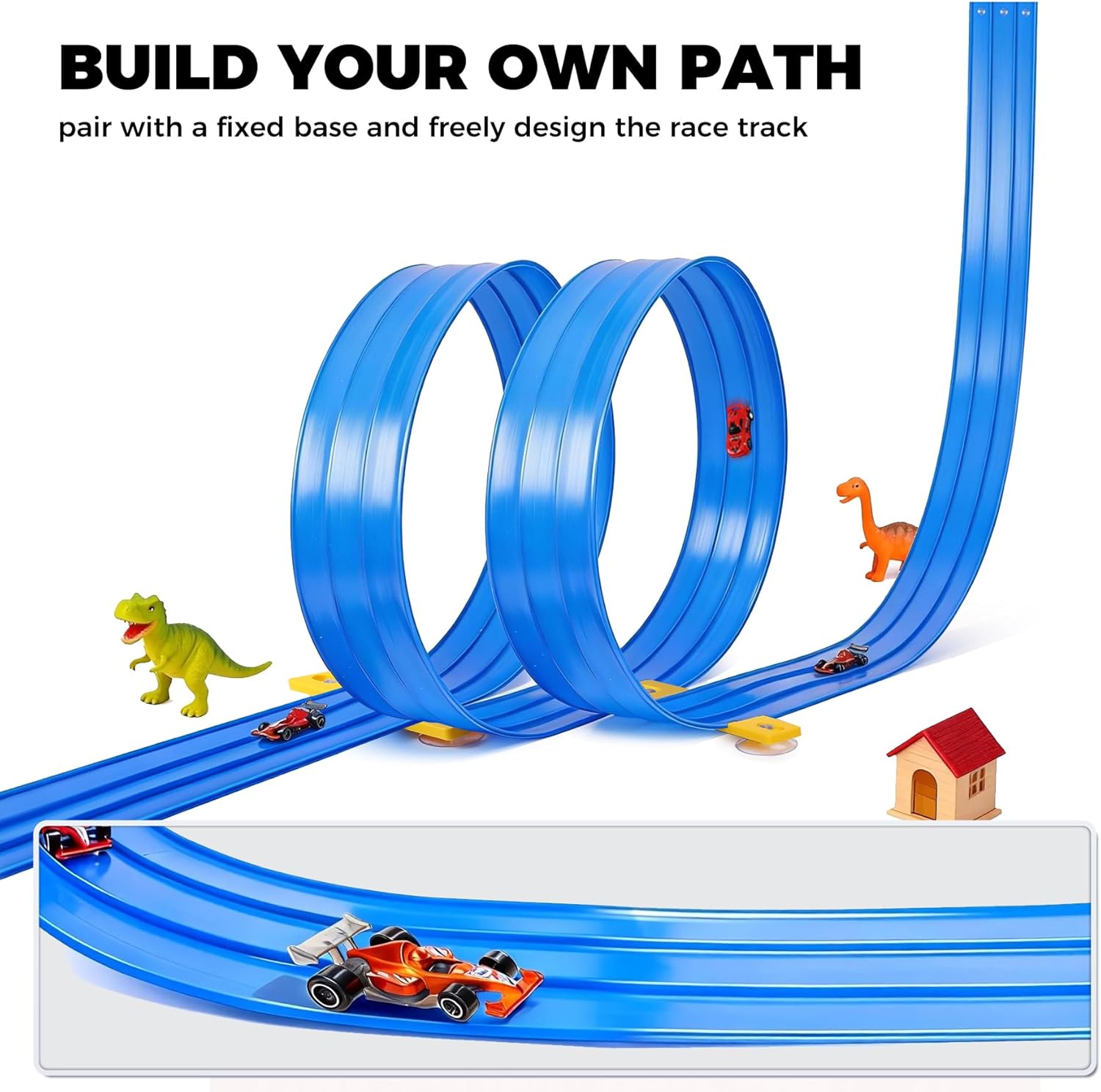 Flexible Race Track Toys for Kids: 20 Ft Flex Race Car Ramp Track with Suction Cups - Rolls Up Portable DIY Racetrack with 4 Racing Cars- Birthday Gifts for Boys Girls Ages 3+