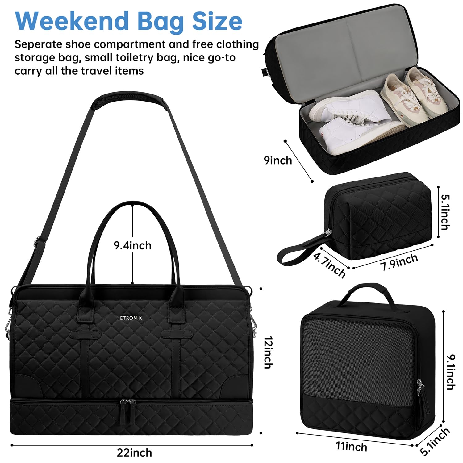 ETRONIK WETRONIK Weekender Overnight Bag for Women, Large Travel Duffle Bag with Shoe Compartment & Wet Pocket,eekender Overnight Bag for Women, Large Travel Duffle Bag with Shoe Compartment, Dark