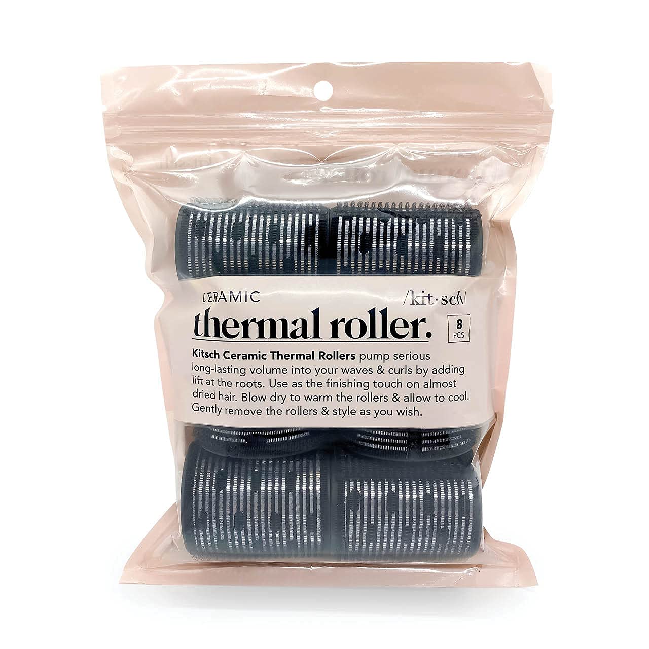Kitsch Rodillos de pelo de cerámica, rodillos térmicos de autoagarre, rizadores de pelo, paquete variado, 8 unidades (negro)