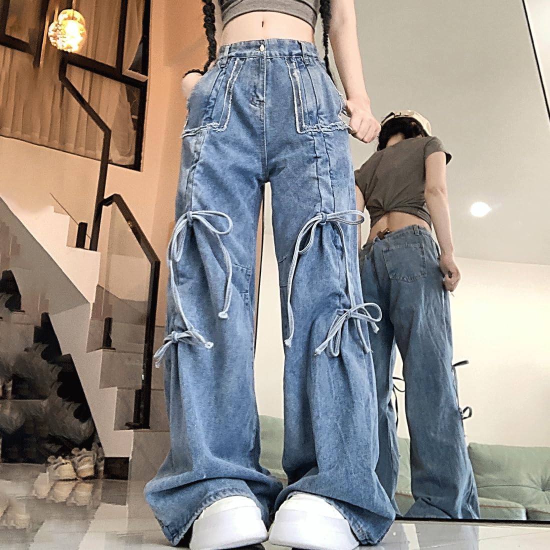 Y2K Gothic Kawaii Casual Style High Waisted Loose Wide Legs Vintage Distressed Jeans Drawstring Denim Pants