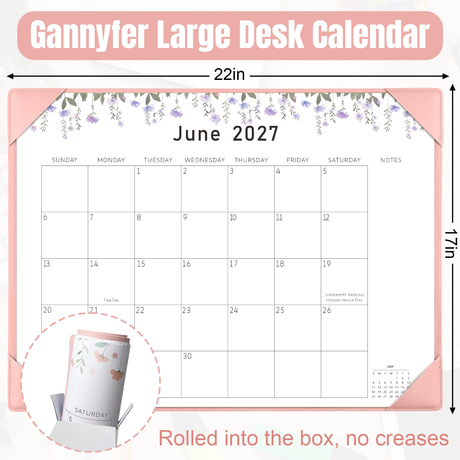 Gannyfer Großer Tischkalender 2024–2025 mit rosa Schreibtischunterlage – 18-Monat-Tischkalender, 55,9 x 43,2 cm, Schreibtisch-Pad-Kalender, Lehrerkalender zum Planen und Organisieren in Ihrer Familie,