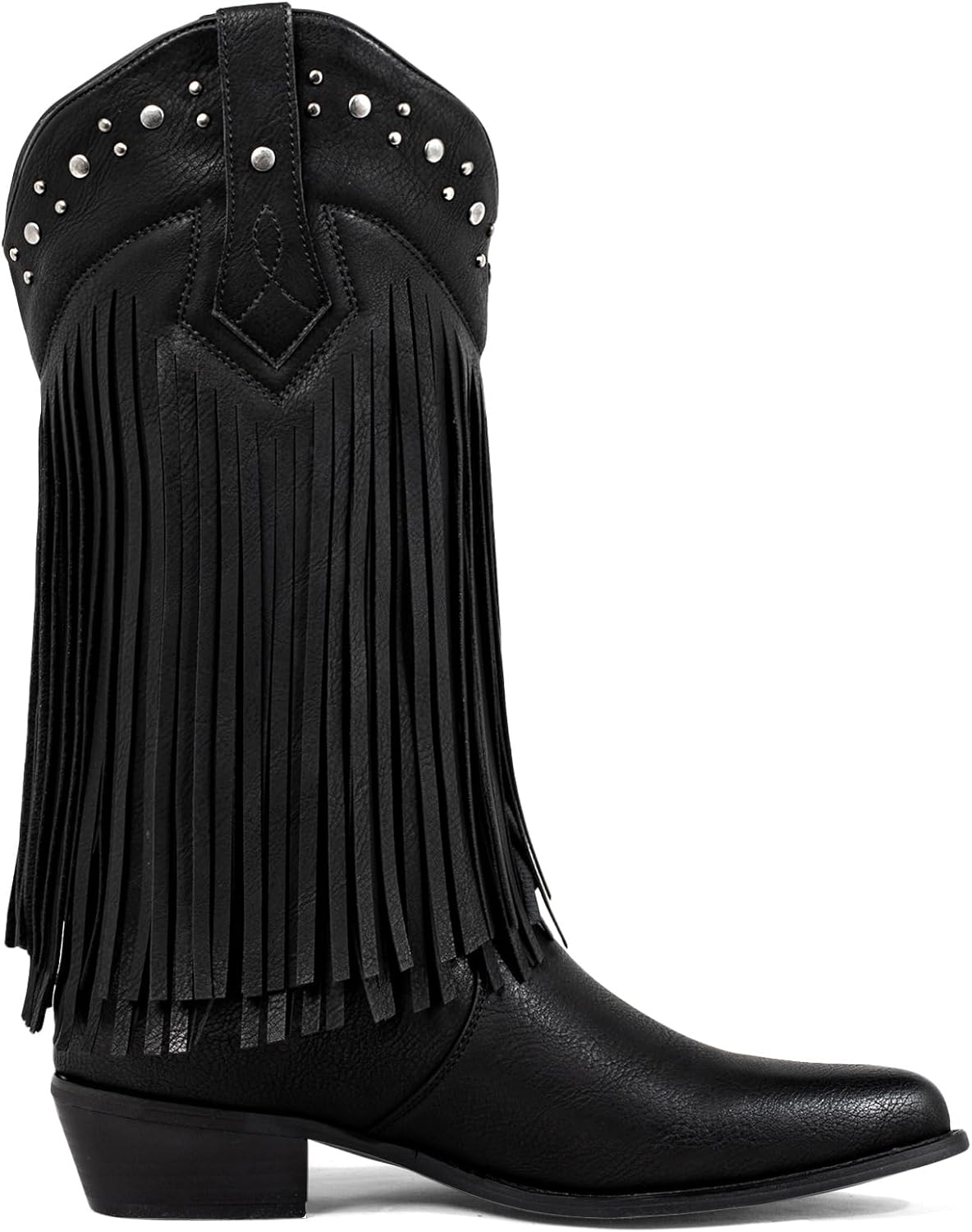 Fringe Cowboy Boots for Women Wide Calf - Tassel & Studded Accents, Faux Suede Leather, Country Hippie Cowgirl Boots - Image 3