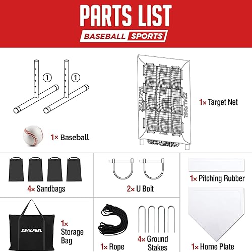 Miniatura 8 de Red de lanzamiento de béisbol ZEALFEEL Pro, objetivo de lanzamiento de 9 agujeros con zona de golpeo, 5 alturas ajustables, entrenador de