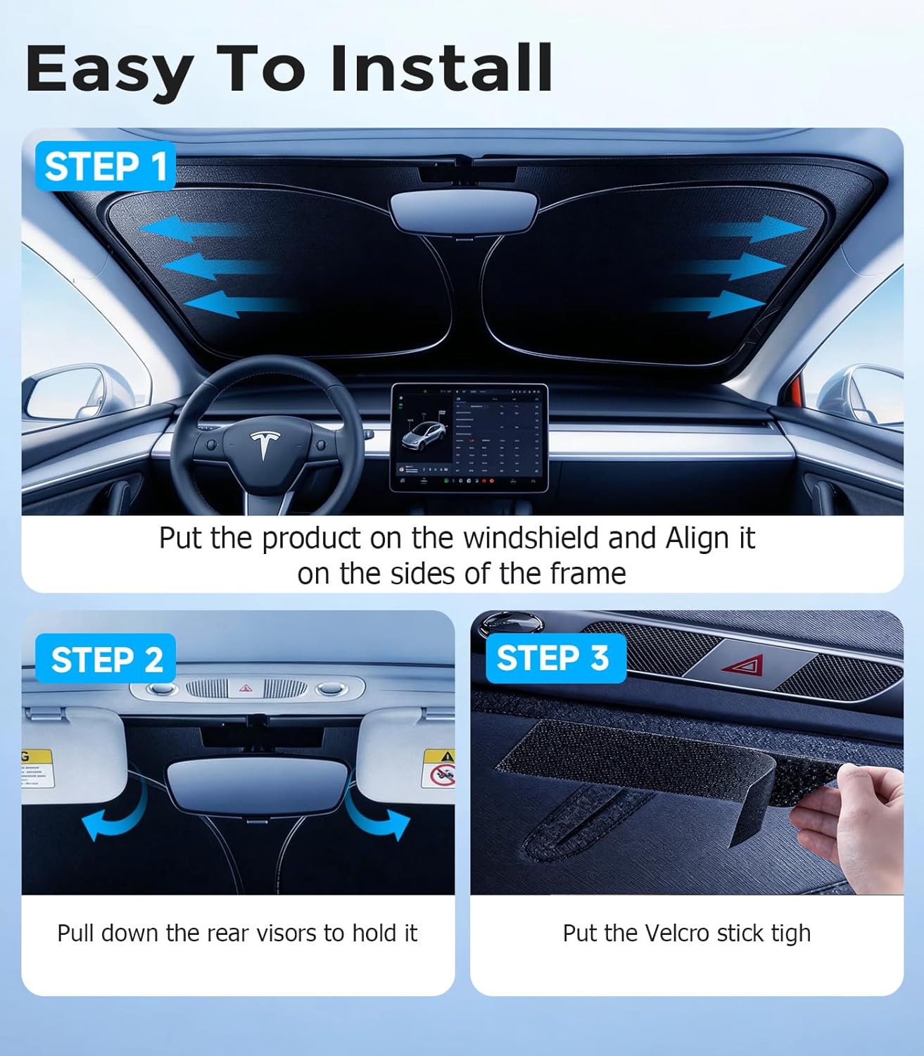 DMJN Windshield Sun Shade for Tesla New Model Y, Y & 3 (2017-2026), Car Sunshade for Front Windshield [100% Efficient Block UV & Scorching Sun] UPF50+ Heat Block - Protect Interior & Keep Cooler