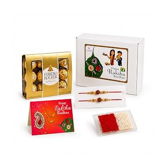LOVENSPIRE Raksha Bandhan Gift Hamper for Brother and Bhabhi - Traditional Handmade Rudraksha Bead Rakhi Bracelet with Greeting Card & Roli Chawal Ferraro-Rochar Pack