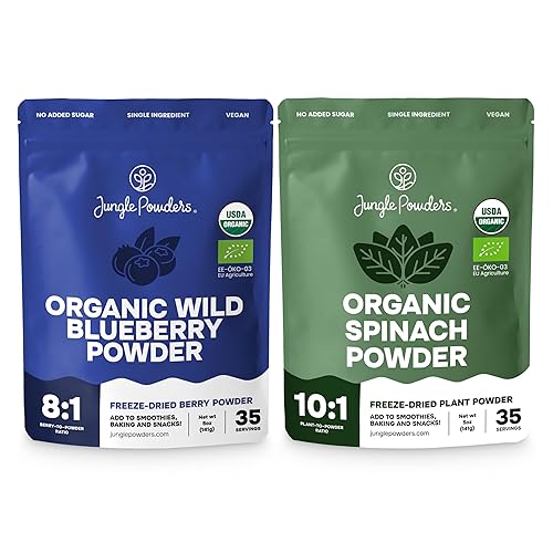 Jungle Powders Polvo orgánico de arándanos silvestres de 5 onzas y polvo de espinacas de 5 onzas  Extractos liofilizados de hoja entera y bayas para