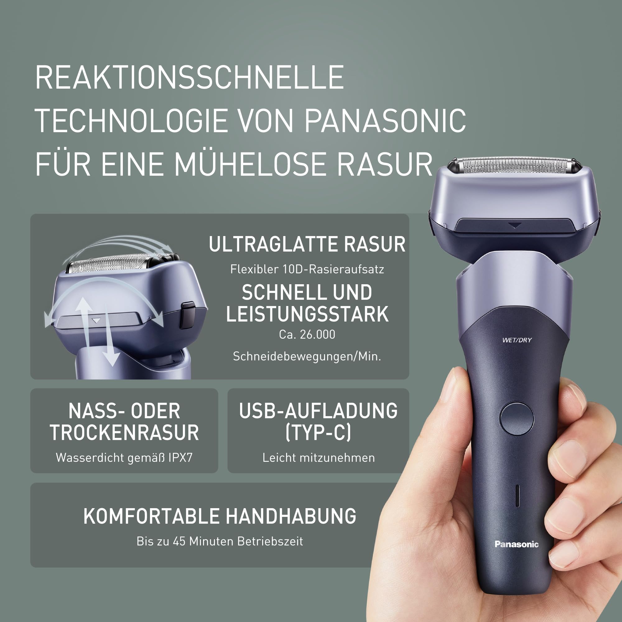 Panasonic Series 500 ES-ERM3FV503 3-Klingen Nass- & Trockenrasierer, wiederaufladbar, japanischer Edelstahl, 10D flexibler Scherkopf, IPX7, USB-C-Ladefunktion, Violett