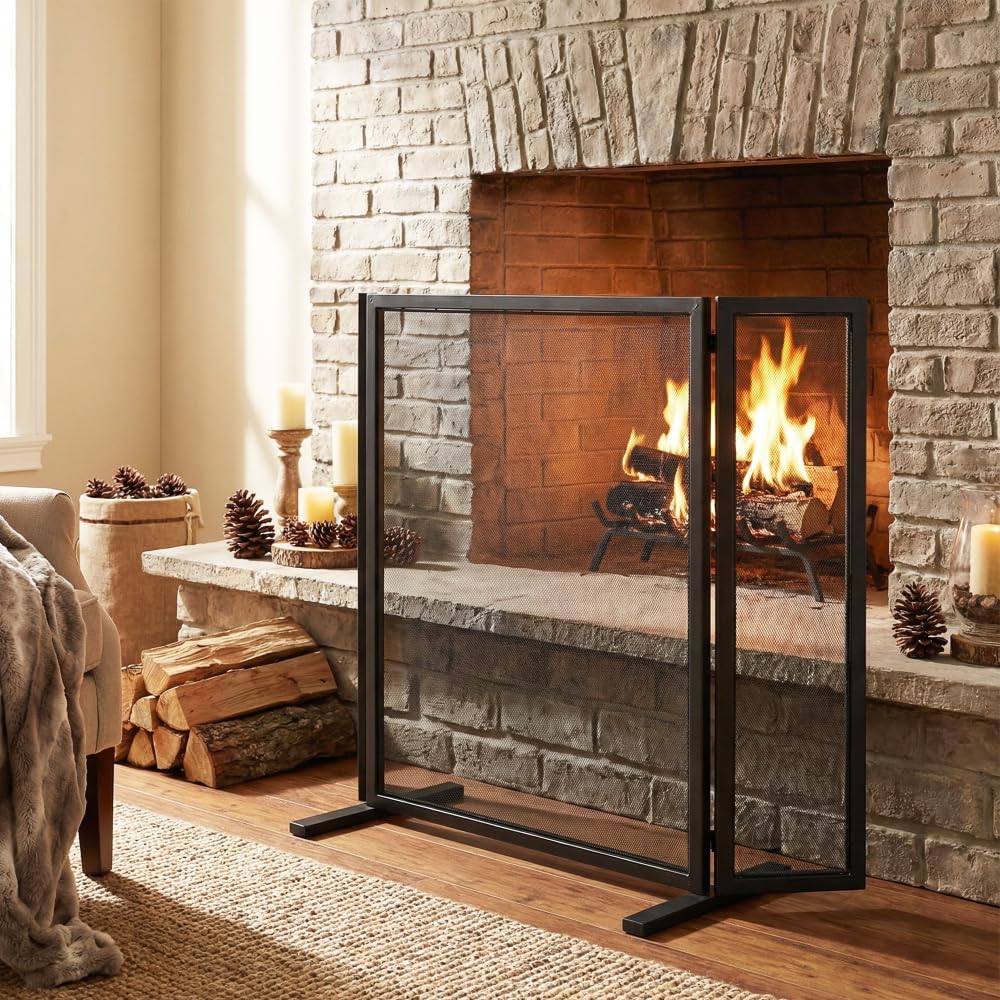 Onyx 3-Panel Iron Fireplace Screen 54" x 31.5", Black (N775P386892B)