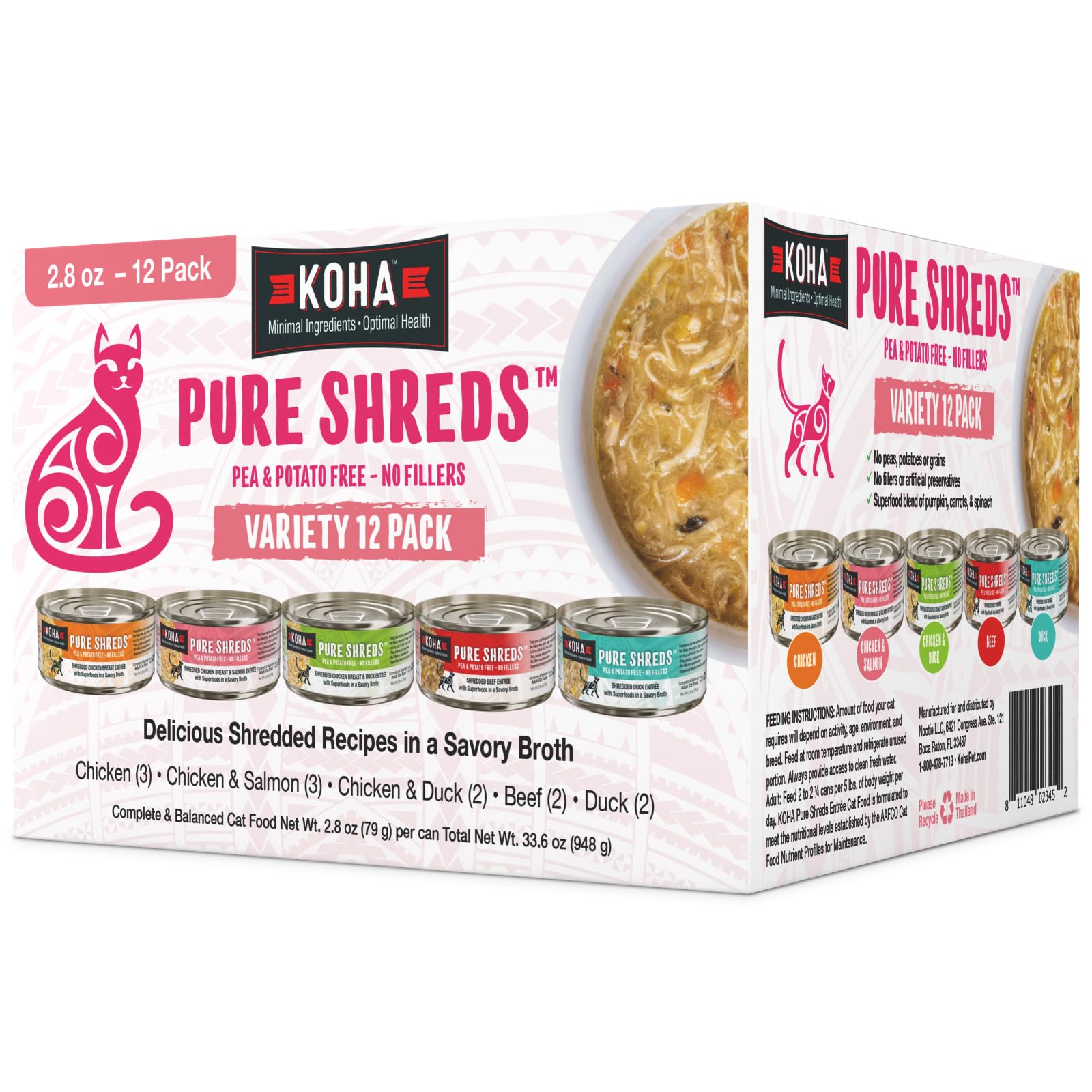 KOHA Pure Shreds Cat Variety Pack, High Protein Wet Cat Food - 5 Flavors - Beef, Duck, Chicken & Duck and Chicken & Salmon Food for Cats - 2.8 oz Cans