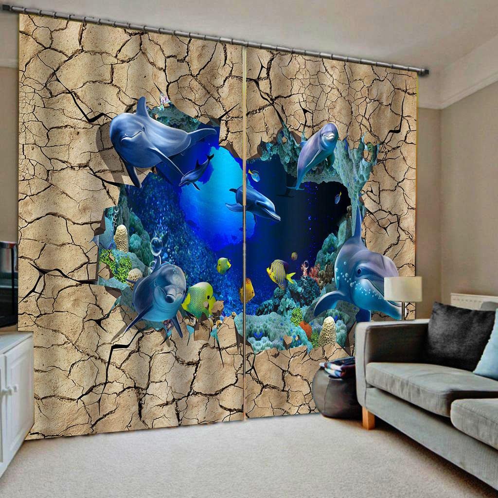 LHD HUB 3D Shark Digital Printed Polyester Fabric Curtains for Bed Room, Living Room Kids Room Color Blue Window/Door/Long Door (D.N.76) (4 x 9 Feet (Size: 48 x 108 Inch) Long Door, 2)