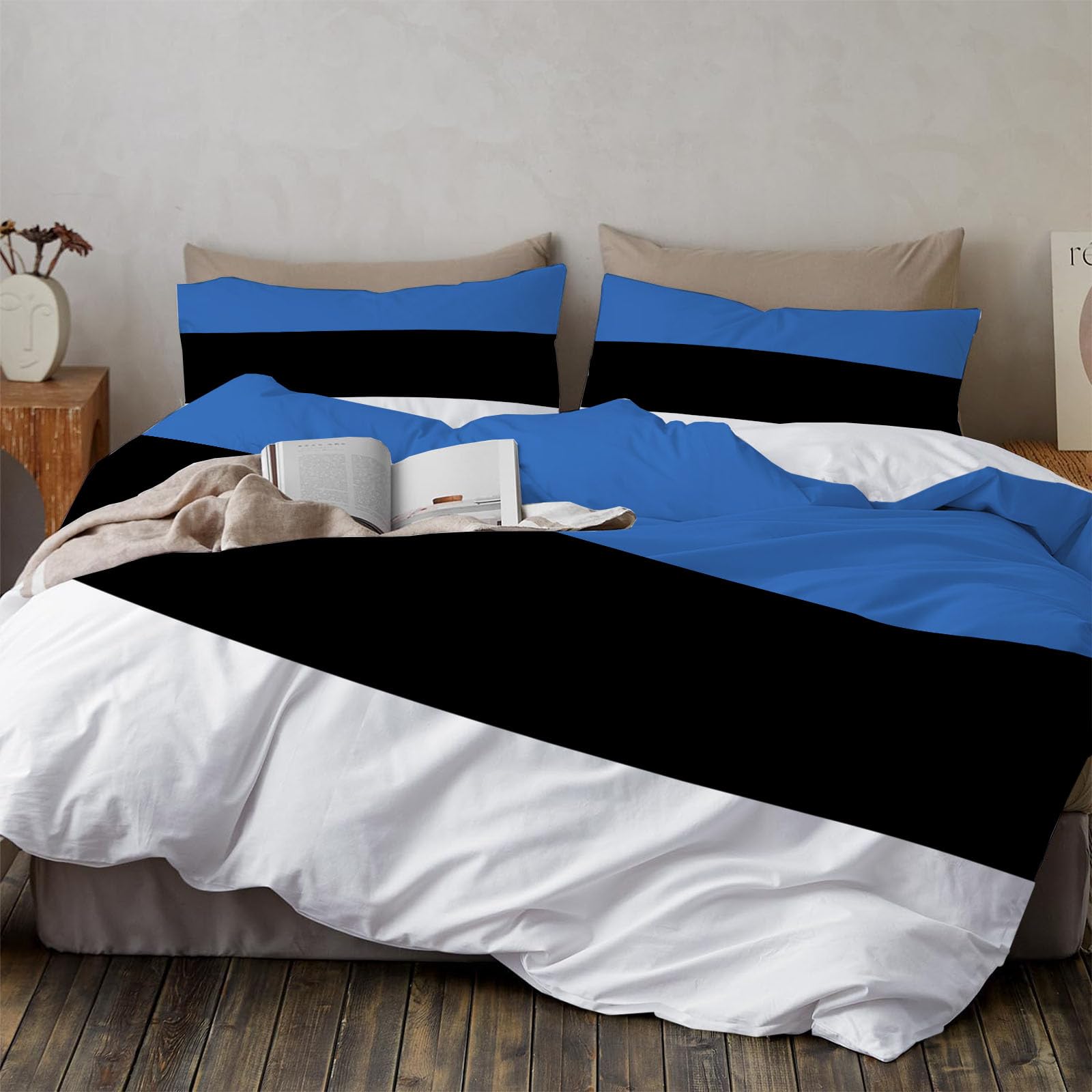 Housse de couette Estonie 140x200 anti-décoloration parure lit bleu blanc noir