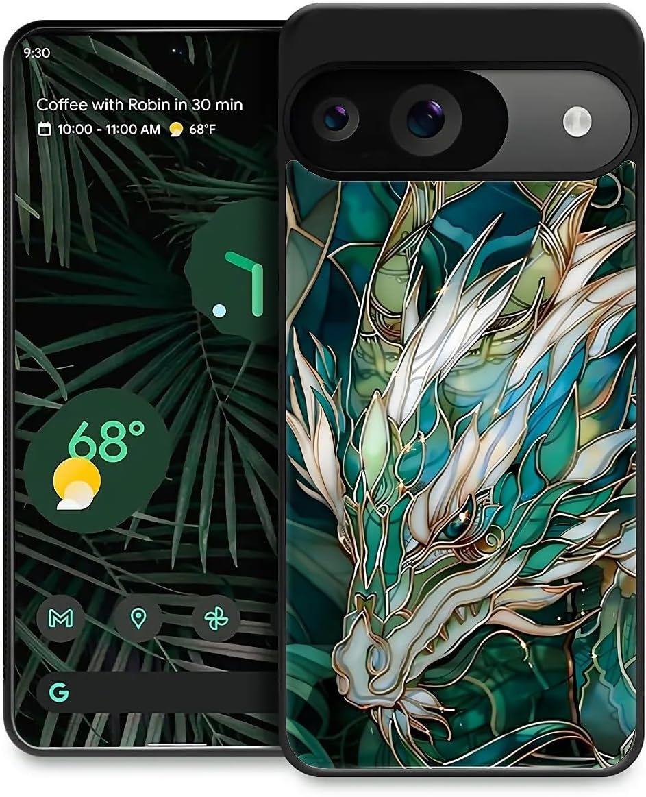 CARLOCA Compatible with Google Pixel 10 10 Pro Case Design for Girl Shockproof Anti-Scratch Hard PC Back Case Esthetics Fashion Pattern Teal White Dragon Stained Glass