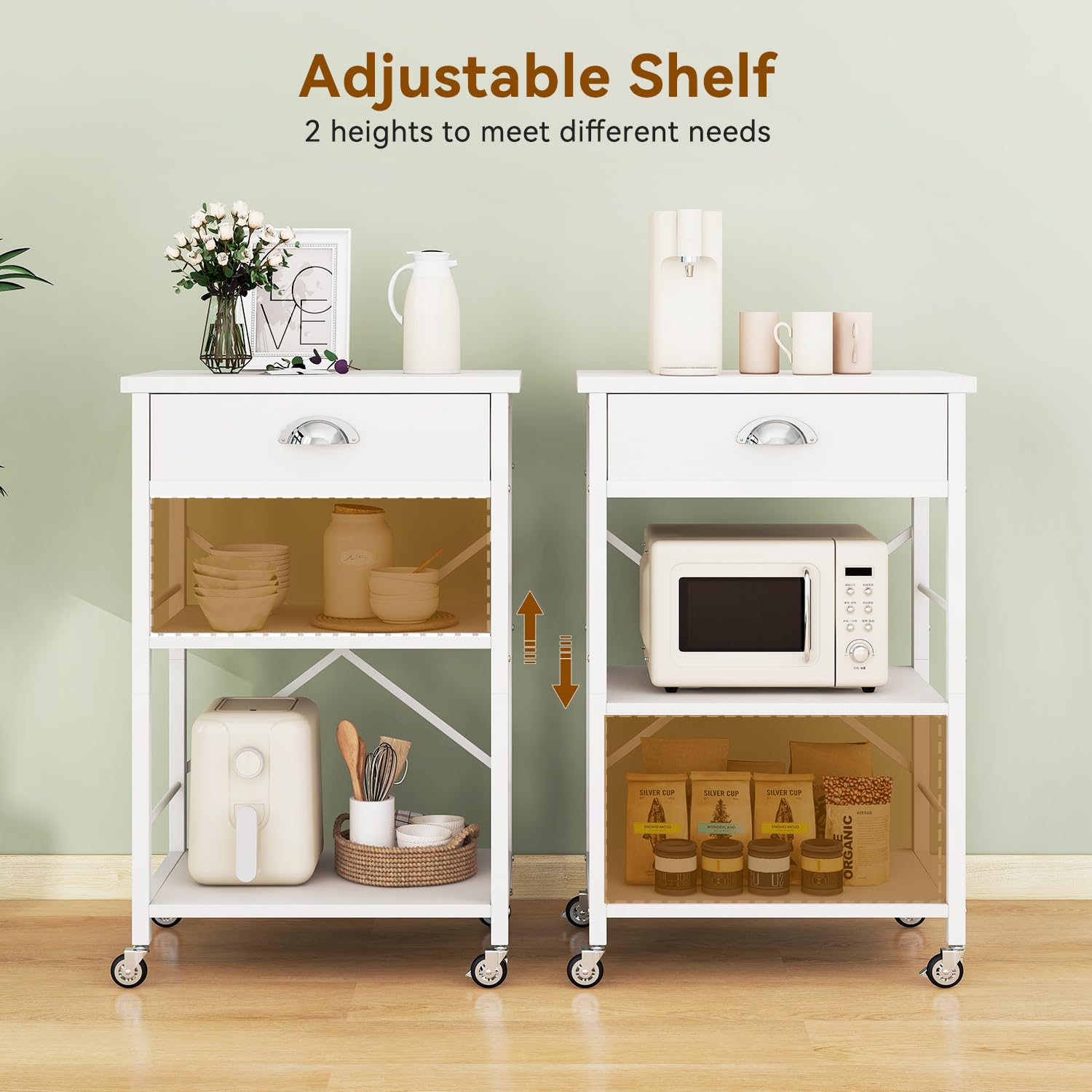 IBUYKE - Estante de cocina para panadería con cajones, soporte para microondas de 3 niveles con almacenamiento, mesa de barra de café con ruedas, estante ajustable, montaje simple, blanco TMJ030W — view 5