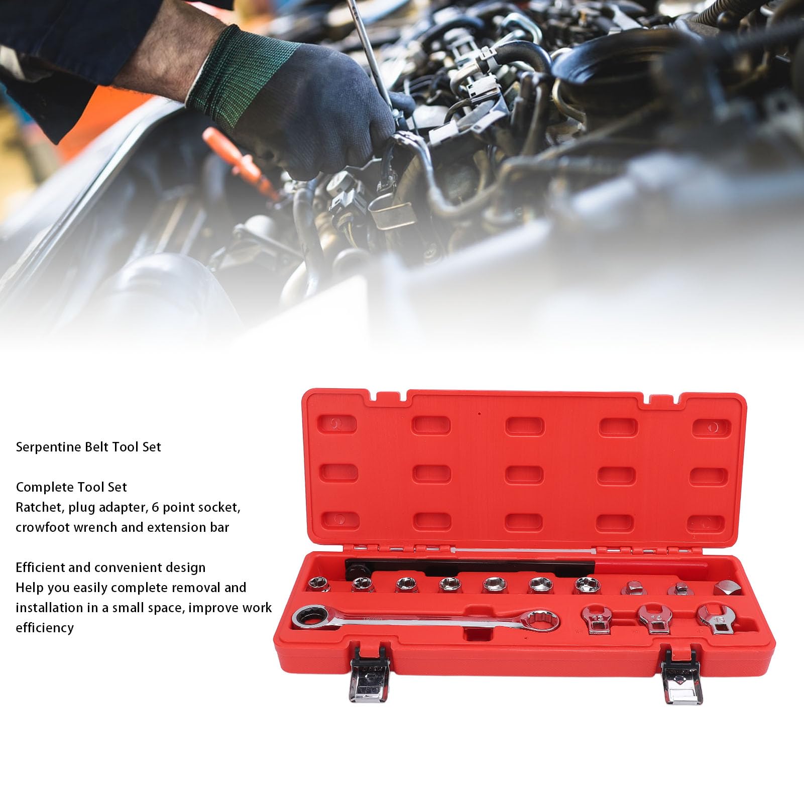 Kit Herramientas para Correas Serpentinas con Llave Trinquete, Adaptador Dado, Varilla Extensión Dado 6 Puntos, 15 Piezas Juego Herramientas Tensor Correa Serpentina Trinquete